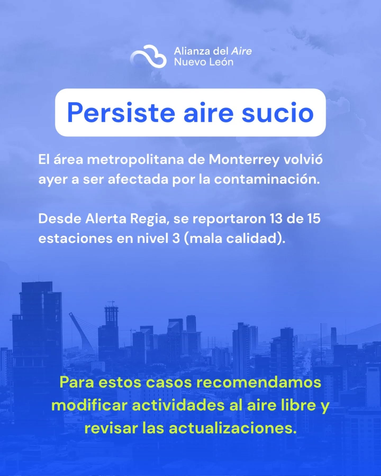 Cuando los niveles de contaminación se mantienen elevados hablamos de impactos acumulativos en la salud, especialmente en niñas, niños, personas mayores y quienes pasan más tiempo al aire libre.
Desde la Alianza del Aire seguimos monitoreando, informando y exigiendo respuestas claras ante episodios recurrentes de mala calidad del aire.
#AlertaRegia #AlianzaDelAire #CalidadDelAire #SaludPública