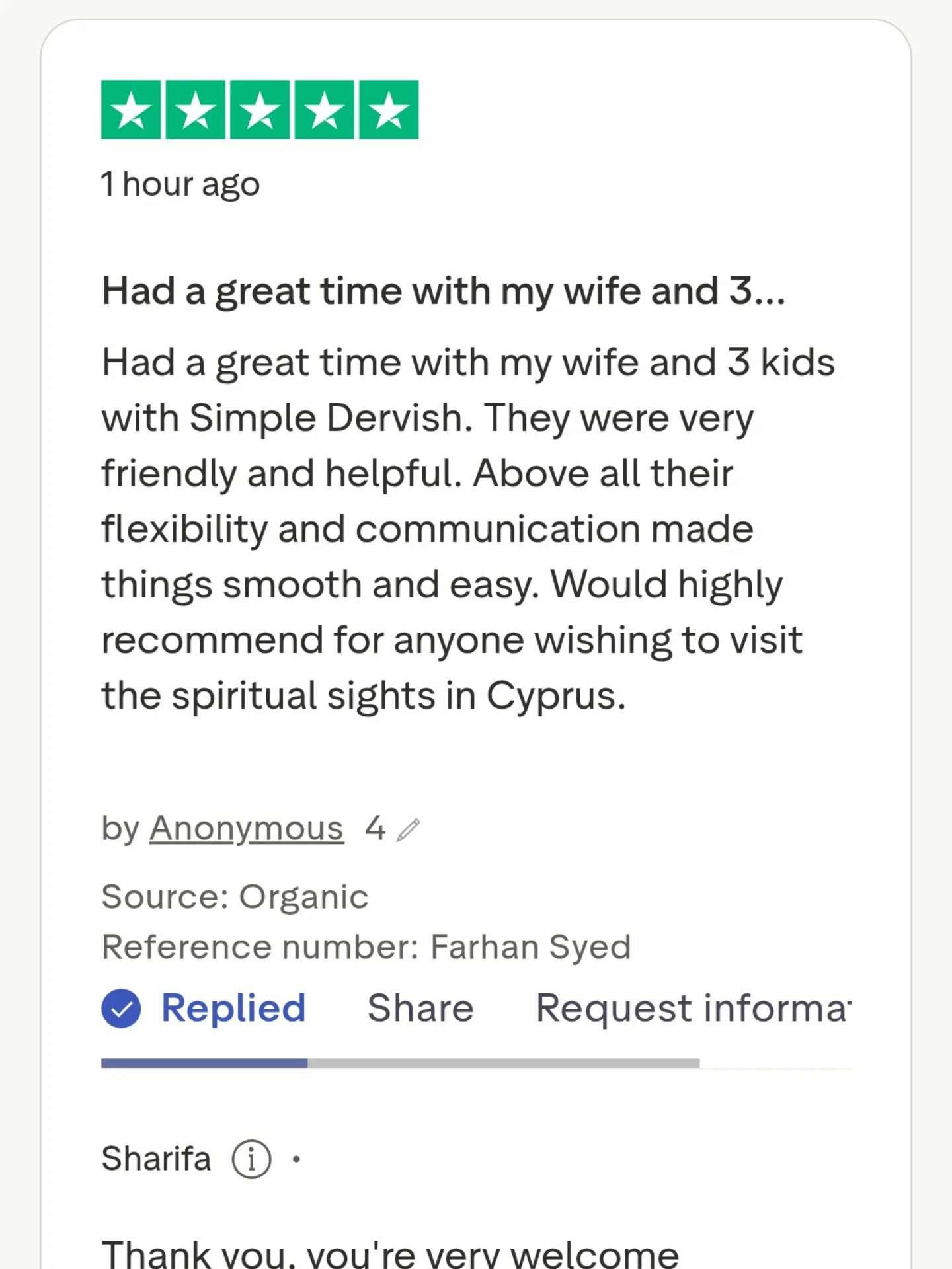 Alhamdulillah! Another review 😃
Thank you to all that booked through us. It is always our pleasure to help anyone that comes to Lefke and Istanbul.
If you're looking for a place to stay this Ramadan, contact us and we'll help you get sorted inshAllah.
.
.
.
#lifeinlefke #naqshbandihaqqani #sufitour #islamictravel #halaltravel