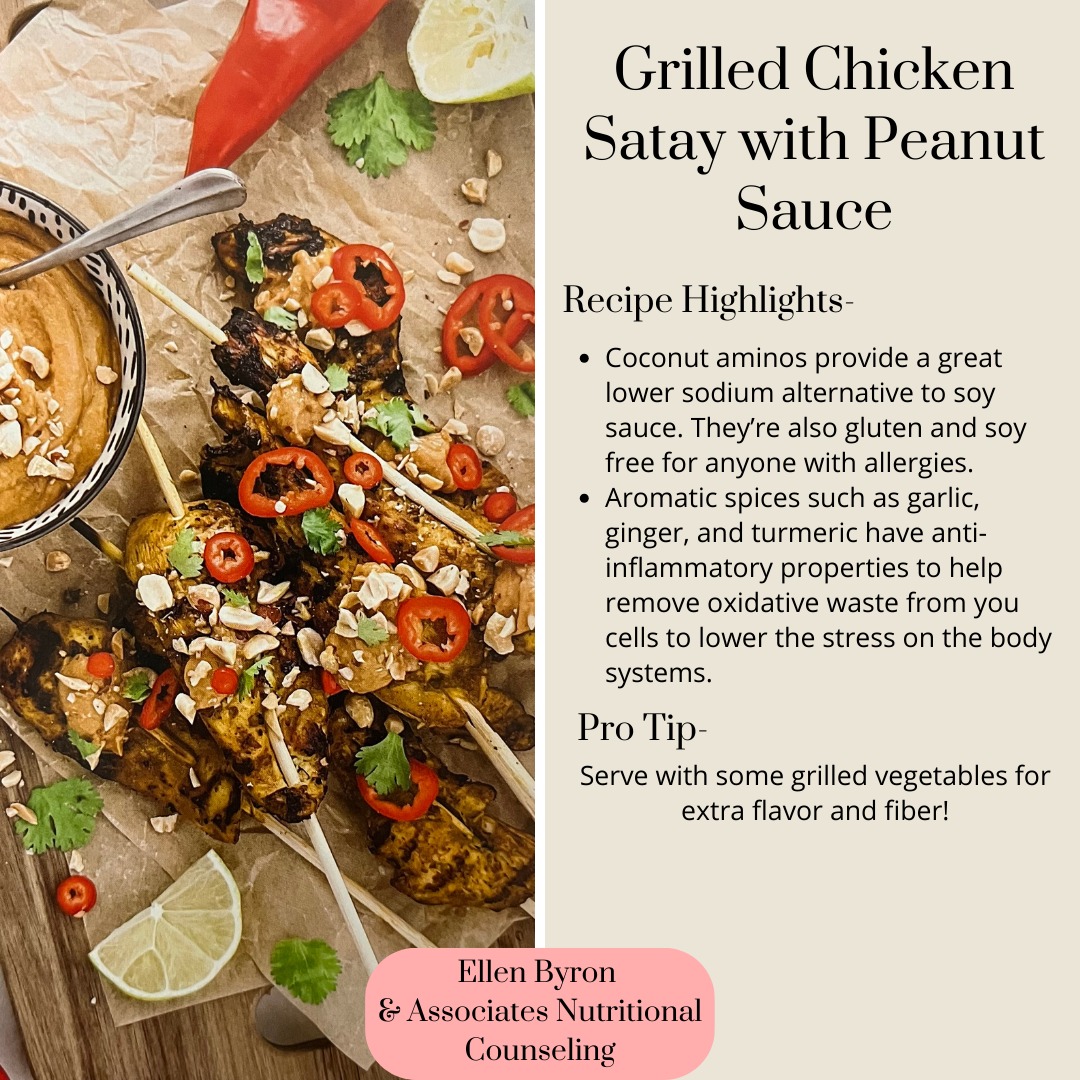 Recipe of the week!
Grilling is a great way to get a change of flavor, just be sure to avoid burning the foods!
These skewers are full of aromatic spices and lower in sodium to help support heart health.
Along with the peanut sauce, this is a low carbohydrate dinner option that can help in prevention of insulin resistance.
-
#recipeoftheweek
#dietitiansofinstagram