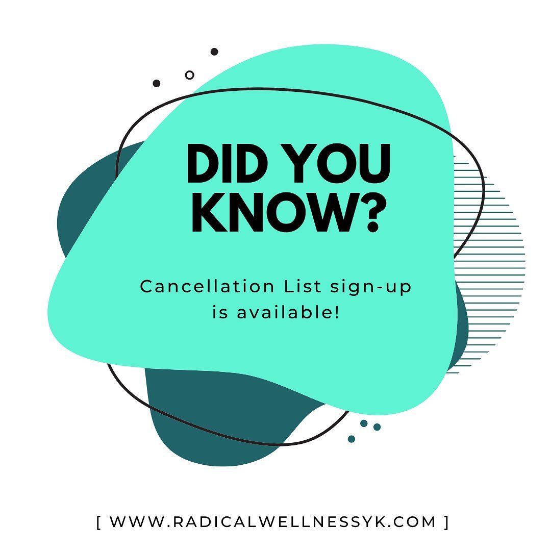 Trying to book an appointment but the wait is too long? 😩 Looking to get in sooner than your next scheduled treatment? 👀
Contact samantha@radicalwellnessyk.com or head to www.radicalwellnessyk.com/Forms to sign up for the Cancellation List!
My schedule may be booked several weeks in advance at times, but late cancellations often come through with no one to fill the space. Bummer for everyone!
It could be your lucky day - register on the Cancellation list today! 💃
#cancellationlist #massagetherapy #rapid #rapidnfr #osteopathictherapy #manualosteopathy #manualosteopathictherapy #integrativecare #radicalwellness