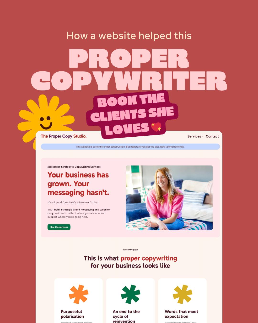 This is what happens when your website finally catches up with your reputation.
Sarah at @thepropercopystudio had the clients, the skills, the growing business. Her website just wasn't keeping pace. So we built her something that could.
Here's what she got:
✨ A homepage that speaks to the right people instantly
🎉 A full brand identity, colours, fonts and the whole lot
🎯 Services page that makes it obvious how to work with her
📩 Booking form with the right fields to filter enquiries
🙌 Reusable Wix sections she can update in minutes
🎨 Canva templates for social posts, proposals and lead magnets
She's already seeing enquiries come through it. 👀
Want the same? Book a call via the link in bio.
#websitedesign #branddesign #wixwebsite #femalefounder #canva