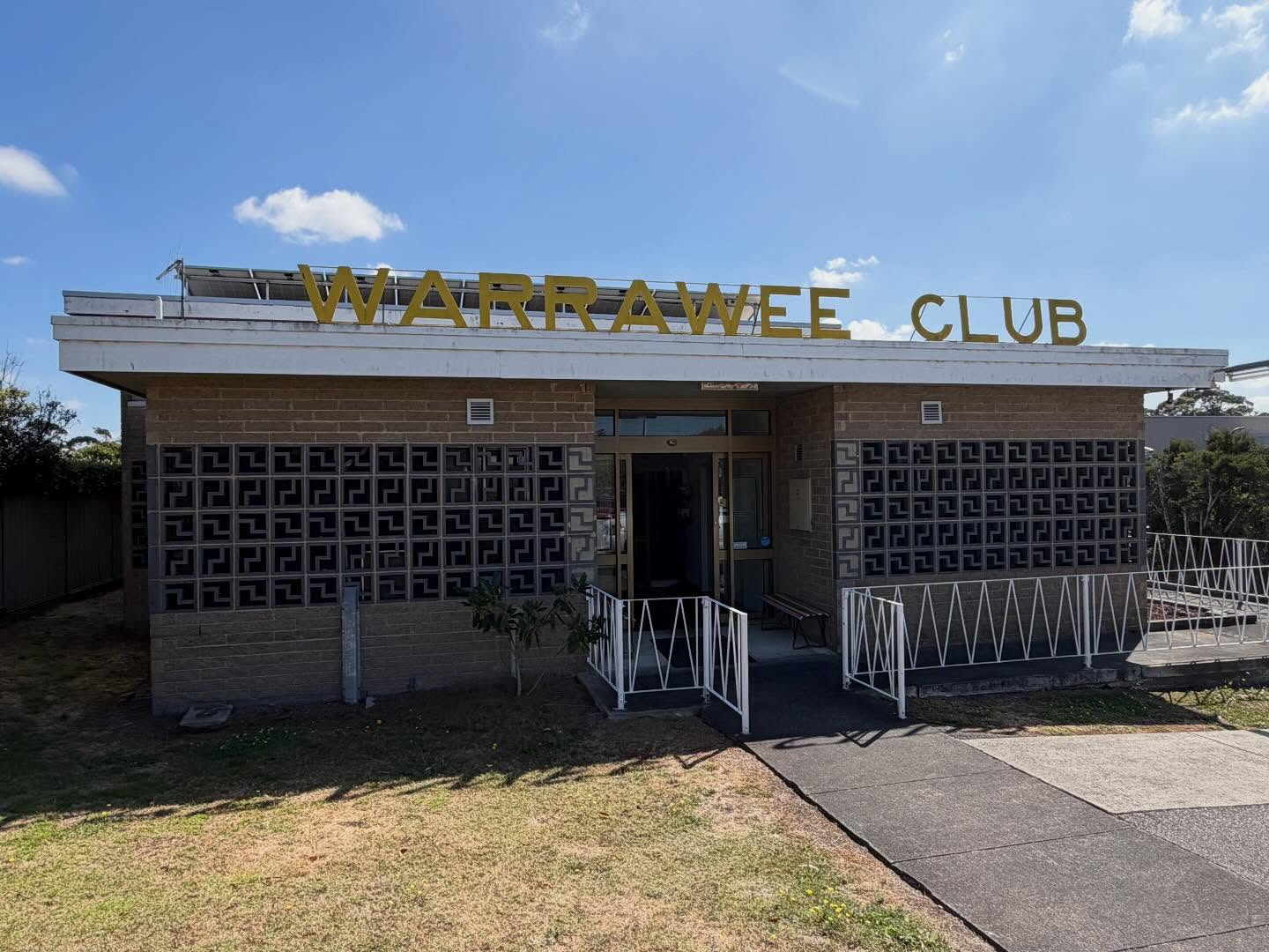 Mid-1960/ community club, Inverloch. Breeze-block screenwork gives the facade its relief and depth, turning plain masonry into a field of modernist modules. Unlisted.