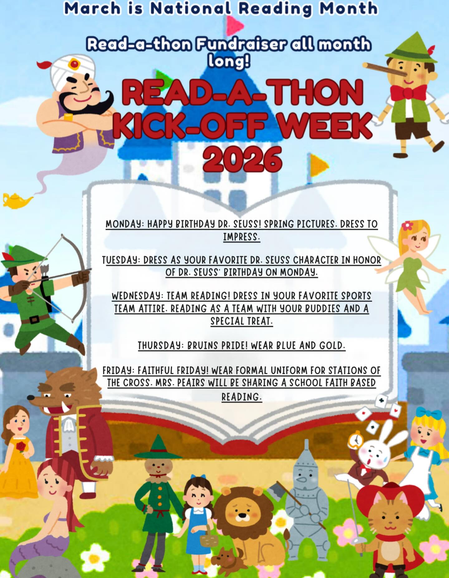 ๐โจ Time to Read! โจ๐
Weโre excited to announce that our Read-a-Thon kicks off on March 2 and runs through March 6. Check out the Read-a-Thon Spirit Week details so your student can participate in the daily themes and activities!
Happy Reading, Nativity! ๐
#readathon #nationalreadingmonth #bruinpride