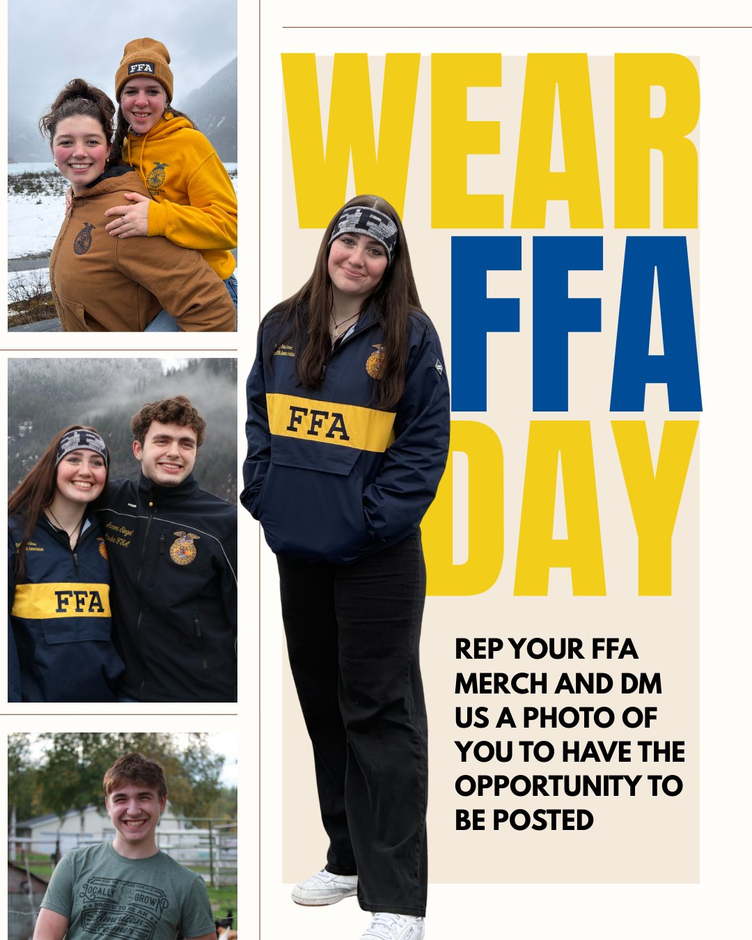 Wear FFA Day is here! 💙 Show your pride by rocking your official FFA jacket, shirt, or gear at school or in your community. Snap a photo, share it with Alaska FFA, and we will share your FFA Pride!