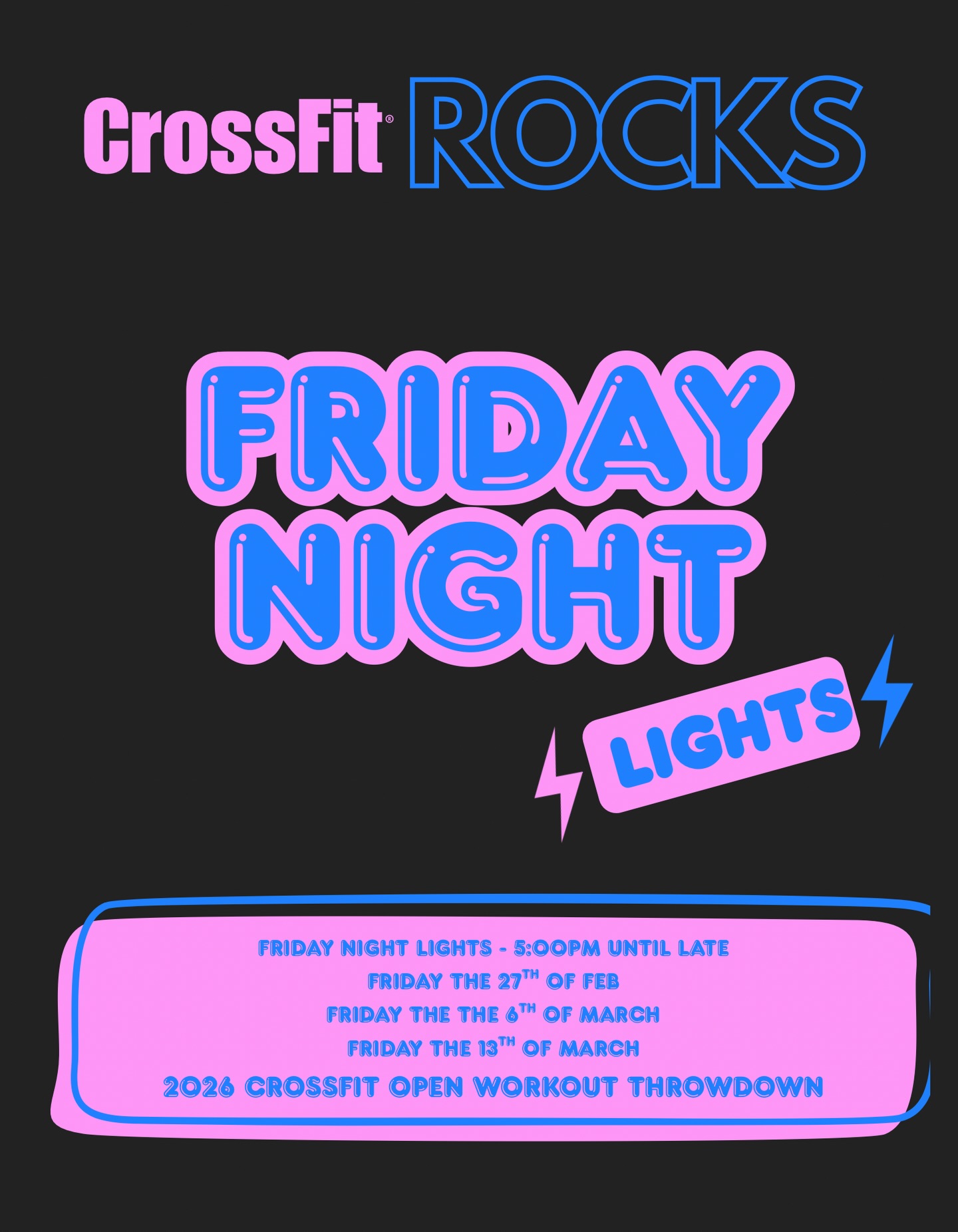 The best part of the Open?
It’s not the workouts. It’s the people.
Join us at CrossFit Rocks for Friday Night Lights:
📅 Friday 27th February
📅 Friday 6th March
📅 Friday 13th March
5:00pm until late⚡️
Three epic nights where our entire community comes together to test our fitness, push our limits, and cheer louder than ever.
It doesn’t matter if you’re RX, scaled, or just giving it a crack — you belong on the floor.
This is what makes CrossFit Rocks special.
The Support. The Energy. The Community.
Let’s make this our biggest Open yet. 🔥💪
#FridayNightLights #CrossFitRocks #CrossFitOpen #CommunityStrong #crossfitgames