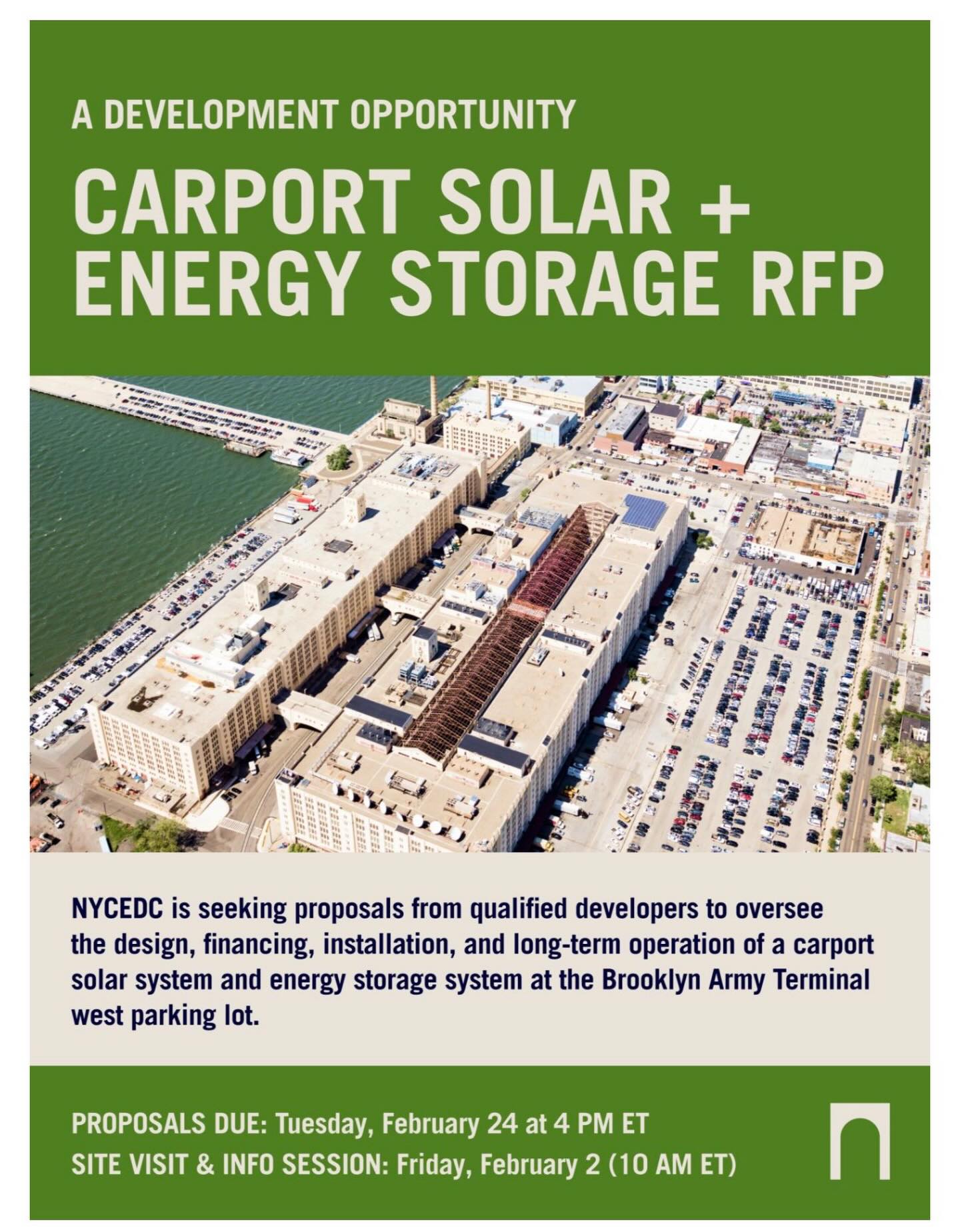 NYCEDC is seeking proposals from qualified developers to oversee the design, financing, installation, and long-term operation of a carport solar system and energy storage system at the Brooklyn Army Terminal west parking lot.