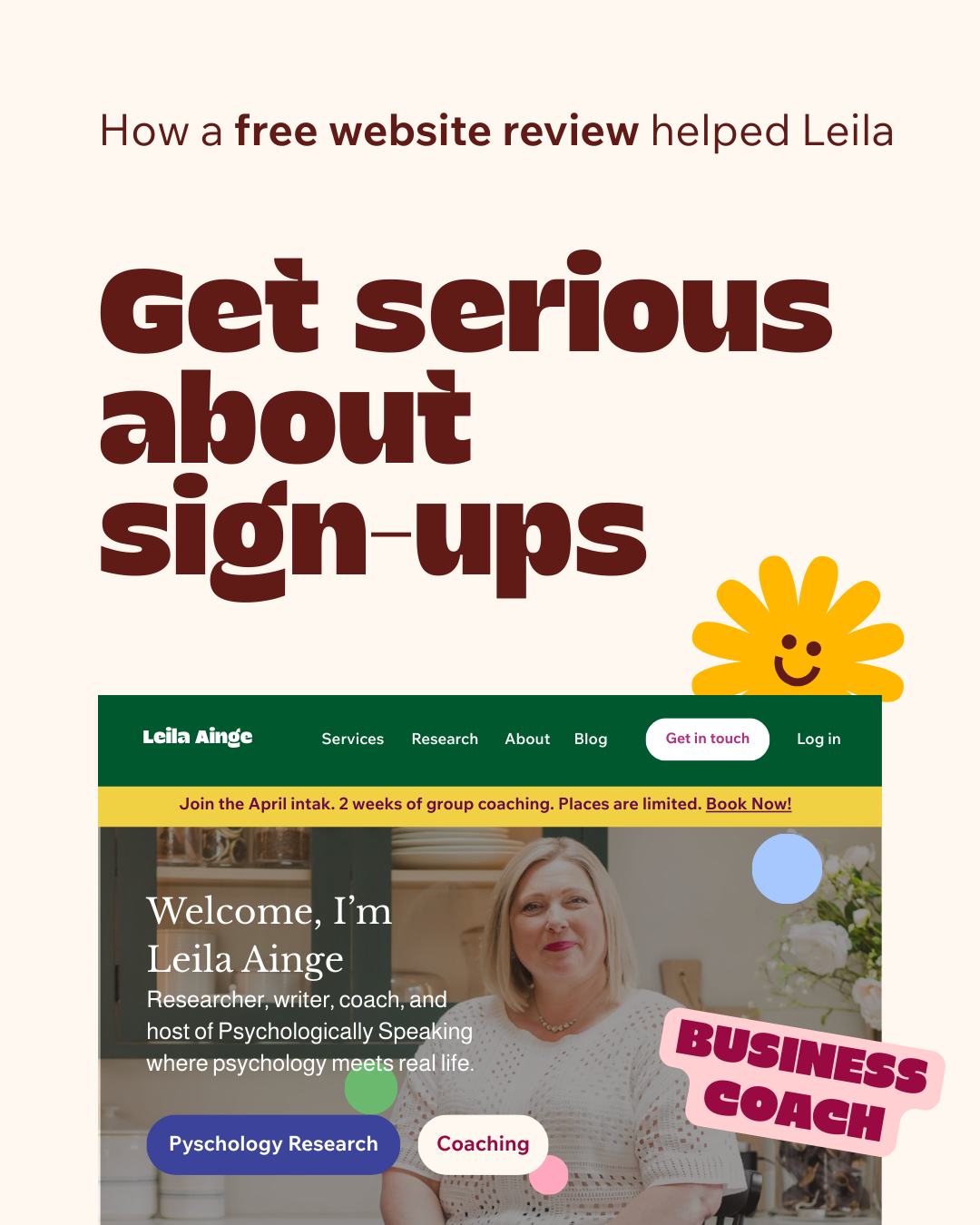 Free website review that helped Leila get serious about her coaching programme sign-ups 👀
Leila came to me knowing exactly what she wanted, get people signed up for her April coaching programme, and that one clear goal changed everything about how we looked at her site.
Not "fix everything." Just "what does this site need to do right now, for the people landing on it today?"
Turns out the answer was simpler than she expected. A promo banner, two audience buttons, a nav that finally made sense. She did it all herself the same afternoon and she's already on a roll.
Swipe to see the before and after and every finding in between.
And if you've been staring at your own site wondering where to start, that question is always the right place. What does your site need to do right now?
Book a free review via the link in my bio and let's find out together. 👀
#websitereview #femalefounder
