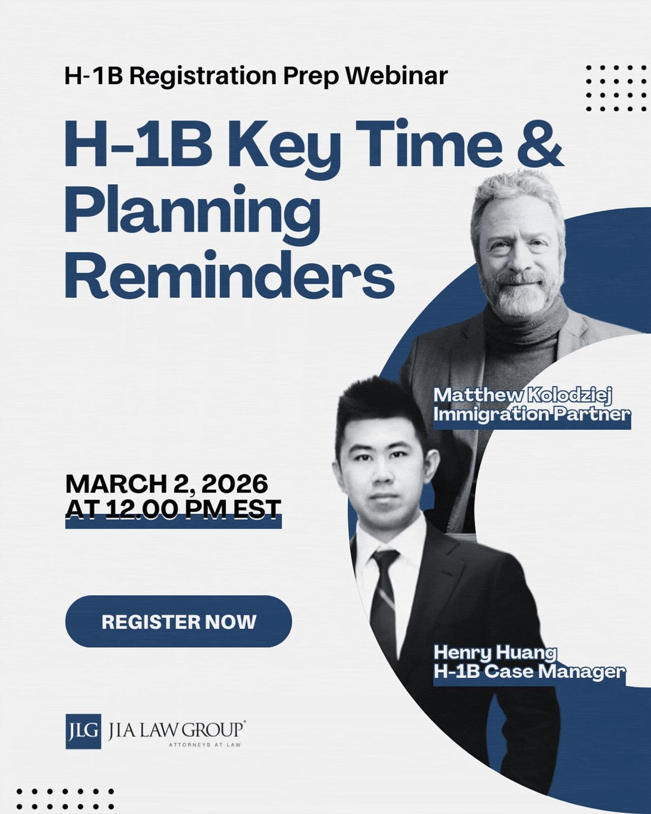 Prepare for this year’s H-1B registration with key timing and strategy insights before the window opens on March 4, 2026.
Critical reminders, common mistakes, and high level planning considerations: are you fully prepared for submission?
Join Mr. Matthew Kolodziej, Esq., Immigration Partner at JLG, for an H-1B Registration Prep Webinar designed to help employers and foreign nationals navigate the process smoothly.
March 2, 2026
12:00 PM EST
Reserve your spot now with the link in bio.
#jlg #webinar #h1b