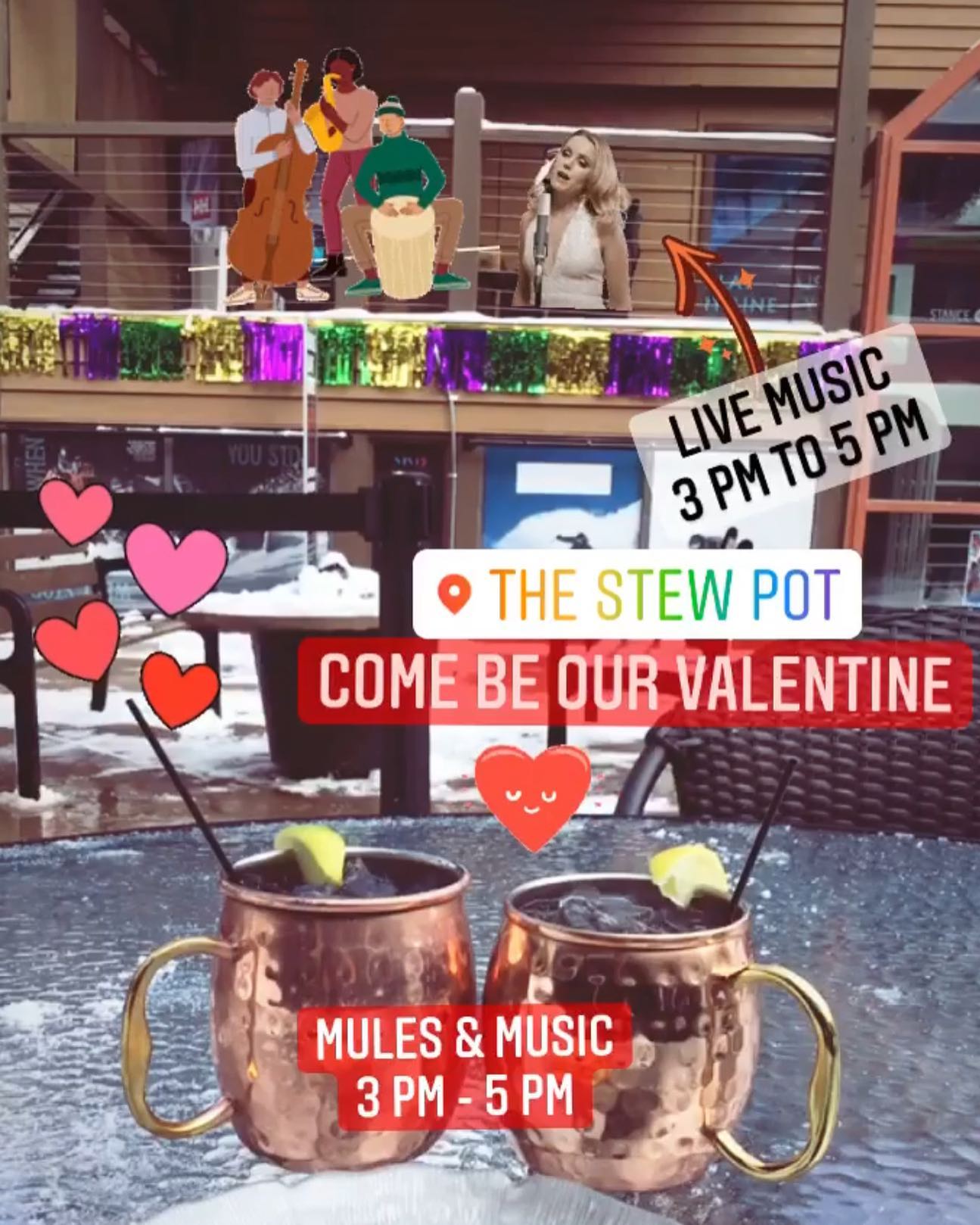Happy Valentine’s Day!
.
Come bring your date (or be our date) for some live music!
.
.
.
Boozy cocktails & cookies available!
.
#snowmass #snowmassmall #aspensnowmass #lovealocal #gosnowmass