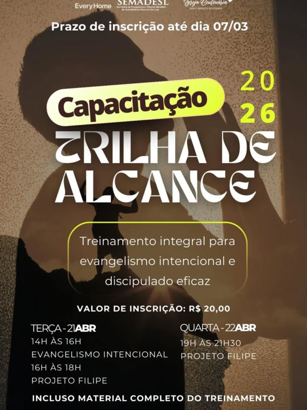 🚨 TREINAMENTO - EVANGELISMO E DISCIPULADO | SEMADESL🚨
O prazo de inscrição para a Capacitação Trilha de Alcance 2026 encerra-se dia 07/03 — não deixe para depois a oportunidade de ser preparado para viver um evangelismo intencional e um discipulado eficaz!
🔥 Um treinamento especialmente desenvolvido para formação integral de pessoas que desejam se aprofundar no Evangelho e servir ao Senhor com propósito, excelência e compromisso com o Reino.
✅ Capacitação completa em Evangelismo e Discipulado
✅ Material didático totalmente incluso
✅ 10 volumes exclusivos, preparados individualmente para acompanhamento e desenvolvimento ministerial
✅ Formação prática e espiritual para quem deseja impactar vidas através do Evangelho
✅ Direcionamento para serviço cristão intencional e frutífero
⏰ INSCRIÇÕES ATÉ 07 DE MARÇO
Garanta sua vaga agora pelo link disponível nos stories.