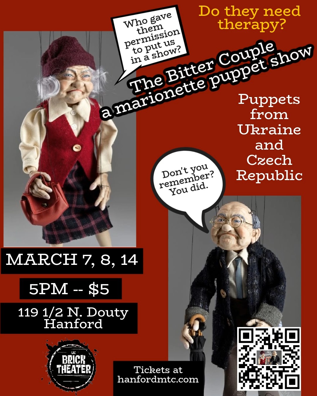 Only in Hanford, CA. A marionette puppet show about a cranky couple.At the Lil' Brick Theater 119 1/2 North Douty. Just $5 a ticket. Go to website for tickets or buy at the door.
#marionettes #puppets #family #familyfun #theater #puppetshow #hanfordca #armonaca#visaliaca #corcoranca #mainstreethanford