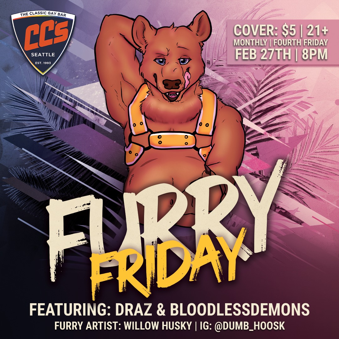 Tonight is Furry Friday!
Grab your fursuit/murrsuit/onesie, pup hoods, ears, tails, and/or gear. Get your tail-wag on and enjoy some boops, tummy rubs, scritches, and nuzzles.
Furry Friday is an anthropomorphic-focused night about Fursona expression. Expect a night with great music by local DJs, DJ lighting, drinks, dancing, and socializing.
DJs: Drax and Bloodlessdemons
Five Slightly Furry Ciders on tap: Witches' Tree (Cherry), Purrrfectly Pear (Pear), CinnaBear (Cinnamon), Pineapp-Owl (Pineapple), and Screechy Peach (Peach - Limited Edition).
$5 Cover: Cash or Card at the door.
FURRY ARTIST: Willow Husky | IG: @DUMB_HOOSK