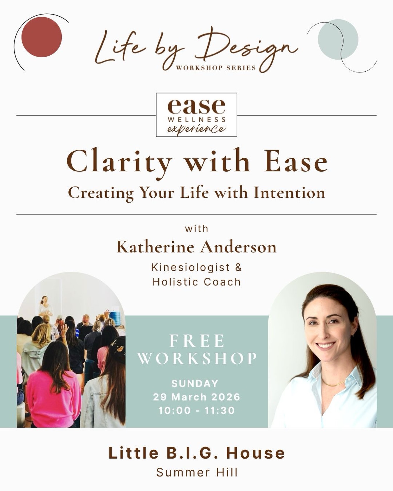 ✨ Clarity with Ease – Creating Your Life with Intention ✨
Sometimes the hardest part of creating the life we want… is simply getting clear on what that looks like.
If you’ve been feeling stretched, overwhelmed, or unsure about your next chapter, this free workshop is designed to help you pause, reset, and reconnect with what truly matters to you.
In this Life by Design workshop, we’ll explore practical tools to help you gain clarity, align your goals with your values, and begin creating a life that feels intentional, energising, and aligned.
🗓 Sunday 29 March 2026
⏰ 10:00 – 11:30am
📍 Little B.I.G. House, Summer Hill @summerhilllittlebighouse
This is a free community workshop, but spaces are limited.
Come along, take a breath, and start creating your life with intention.
✨ Register via the link in bio or DM for details.
(Link below n comments too 😉)
#LifeByDesign #EaseWellness #WellnessWorkshop #LittleBIGHouse #CommunityWorkshop