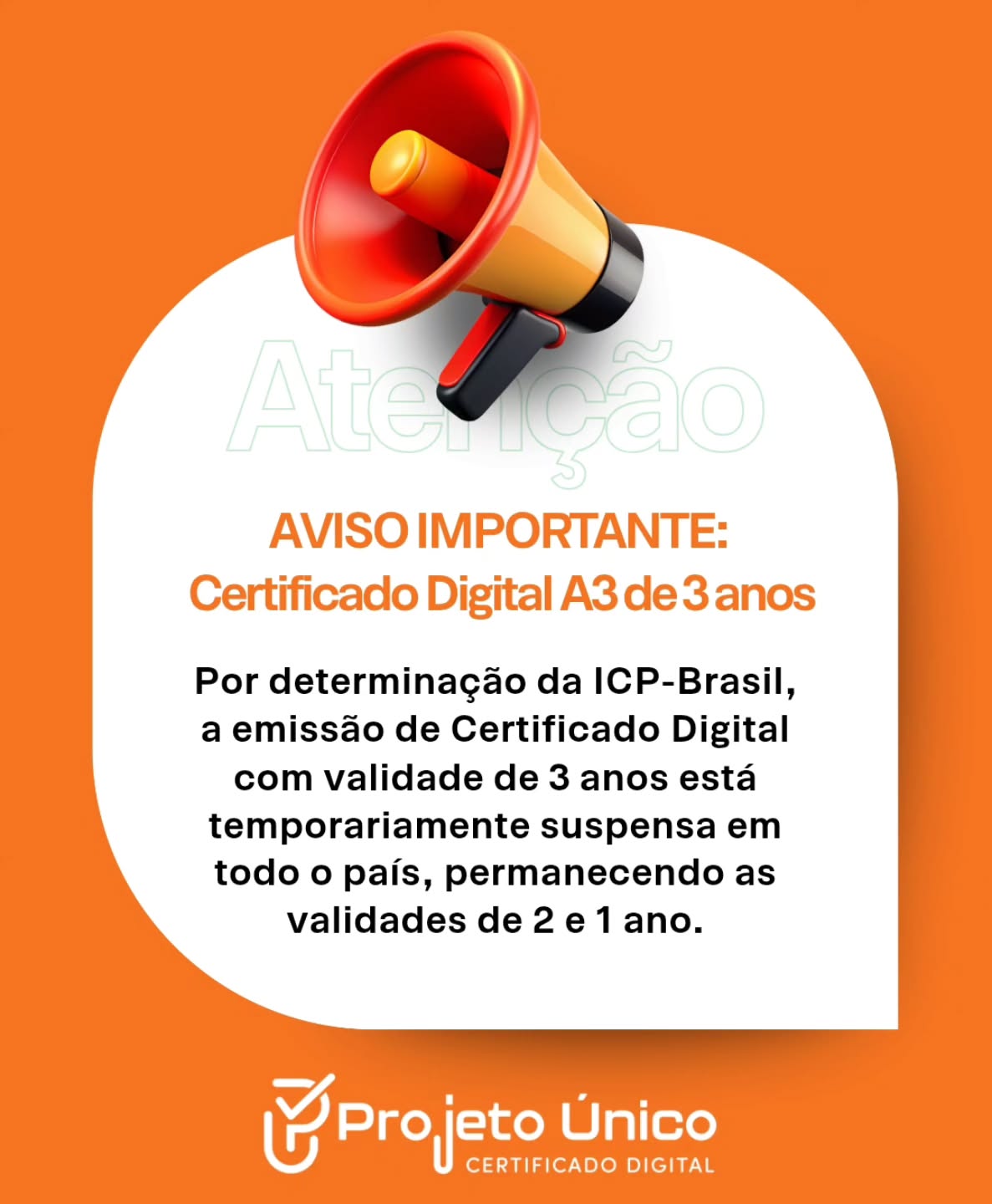 📢 AVISO IMPORTANTE: Certificados A3 de 3 anos 📢
Por determinação da ICP-Brasil, a validade de 3 anos está temporariamente suspensa em todo o país.
✅ Disponível agora: validade de até 2 anos.
⏳ Sem previsão de retorno para o prazo de 3 anos.
Garanta sua conformidade digital agora! 🔐