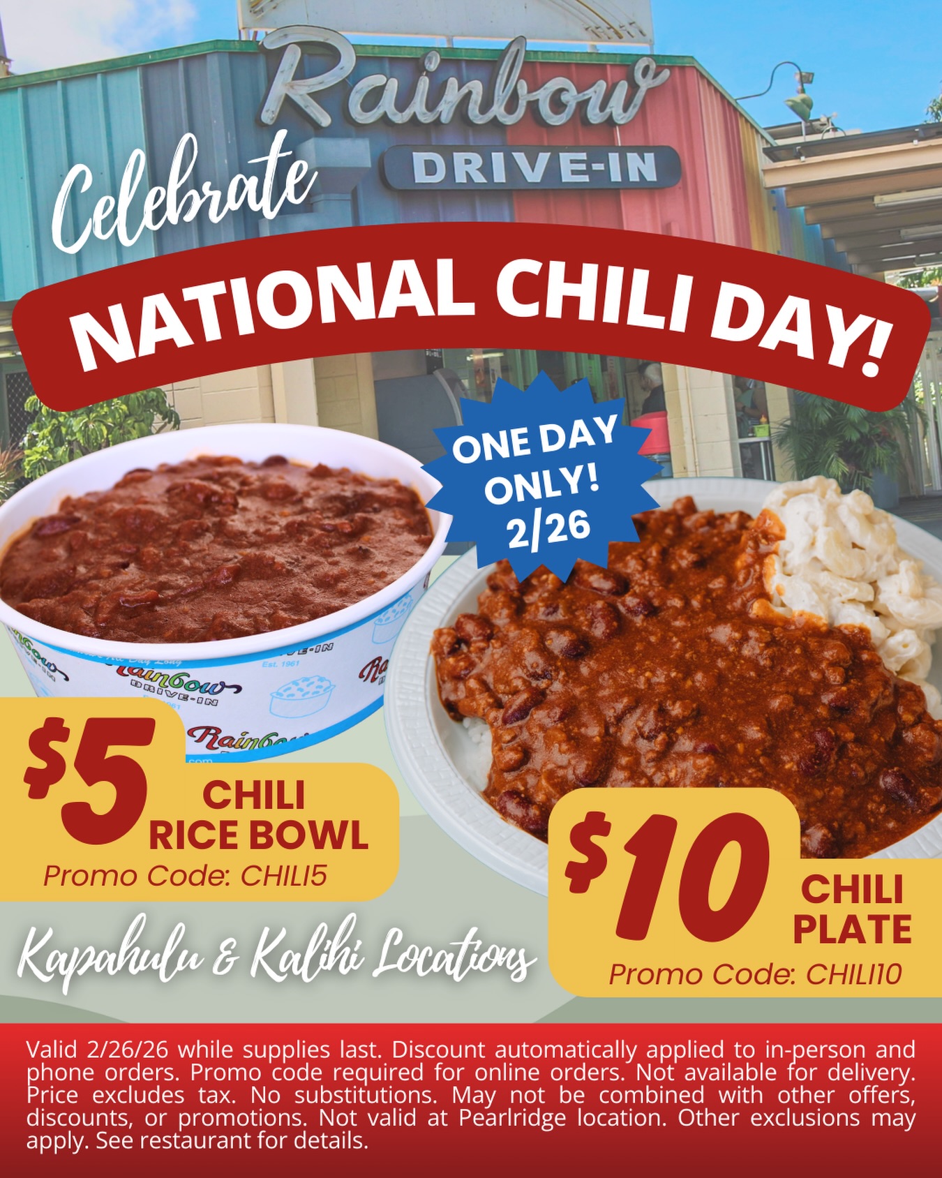 ⏳National Chili Day TODAY 2/26!
Get your chili fix with $5 Chili Rice Bowls & $10 Chili Plates!
📍Available at Kapahulu and Kalihi locations 🌈