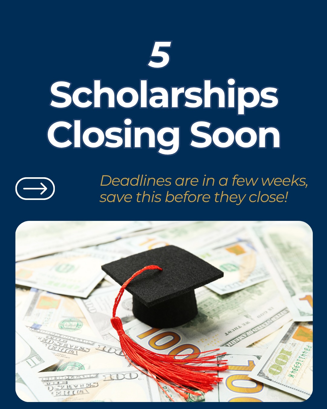 $100 million in scholarships goes unclaimed every year. And it’s not because students don’t qualify! Most student just didn’t know in time. 🎓
These 5 are closing before May. Swipe through, save this post, and send it to someone who needs it.
30 minutes of effort today could change everything. ⏰
#firstgen #scholarships2026 #collegemoney #financialaid #firstgenstudent scholarshipdeadlines applytoday highered collegebound firstgeneration educationmatters scholarshipseason