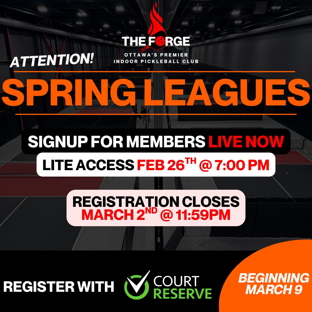🔥 SPRING LEAGUES ARE LIVE AT THE FORGE 🔥
The next competitive season is here — and it starts March 9th.
This is an 8-week structured season built for players who want consistent playtimes and high-quality match play.
🏓 Skill-based divisions
🏓 Men’s / Women’s / Mixed
🏓 DUPR Ladder
🏓 Crucible
🏓 Singles
🏓 Open Play divisions
🏓 Learn to Play
We’re protecting competitive integrity across all divisions — register at the level you truly belong.
✅ Members: Registration OPEN NOW
🕖 Lite Access Opens: Feb 26 @ 7:00 PM
🗓 Registration Closes: March 2rd @ 11:59 PM
📋 Spare Lists Available for All Divisions
📲 Pricing details available in the app (Court Reserve).
This is where levels are built.
This is where rivalries form.
This is where the standard rises.
Let’s make Spring count.
#TheForge #OttawaPickleball #SpringSeason #DUPR #Crucible #LevelUp #IndoorPickleball