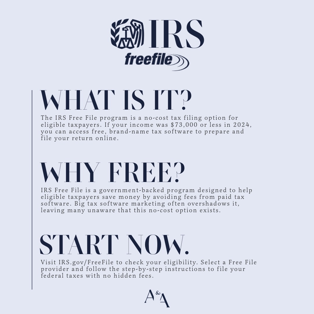 Did you know the IRS offers a completely free tax filing solution? IRS Free File is available to eligible taxpayers earning $73,000 or less. The program opened on January 10th, so you can start filing today!
-
-
-
-
-
#TaxSeason #IRSFreeFile #FreeTaxFiling #TaxTips #TaxHelp #IRSResources #FileYourTaxes #TaxReturn #TaxFilingMadeEasy #IRS2025 #TaxSavings #TaxRefund #TaxFilingTips #NoCostTaxes #FileForFree #TaxCredits #IRSProgram #TaxSeason2025 #FreeFileProgram #TaxSupport #TaxPreparation #FederalTaxes