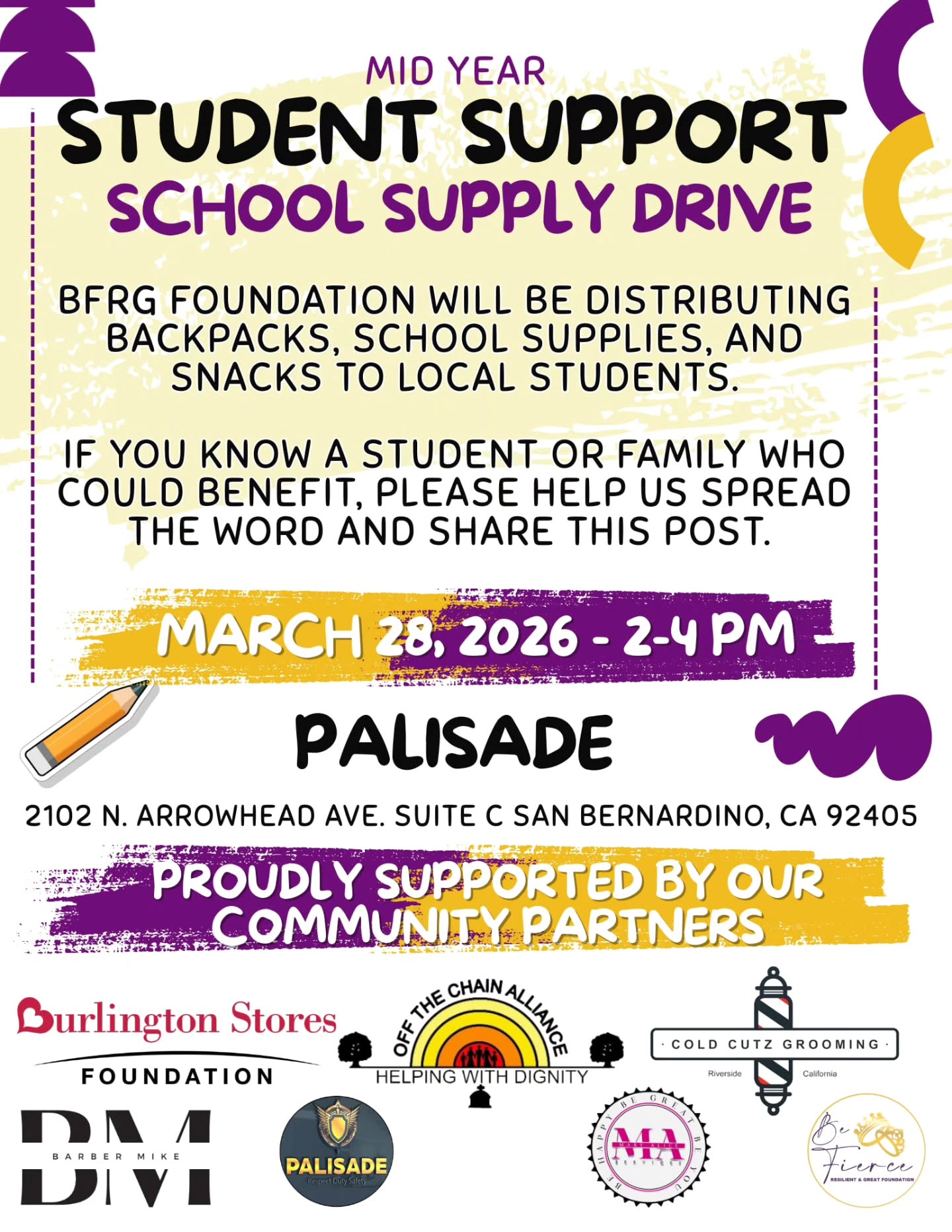 🎒📚 Mid-Year School Supply Drive 📚🎒
BFRG Foundation will be distributing backpacks, school supplies, and snacks to local students to help them stay prepared and confident for the remainder of the school year.
If you know a student or family who could benefit, please help us spread the word and share this post. 💛
Supplies will be distributed while they last.
Together, we can support our local students and strengthen our community.
#SchoolSupplyDrive #CommunitySupport #BFRGFoundation #SanBernardino #CA SpreadTheWord @palisadedefensegroup @offthechainalliance @maservices2015 @burlingtonstores