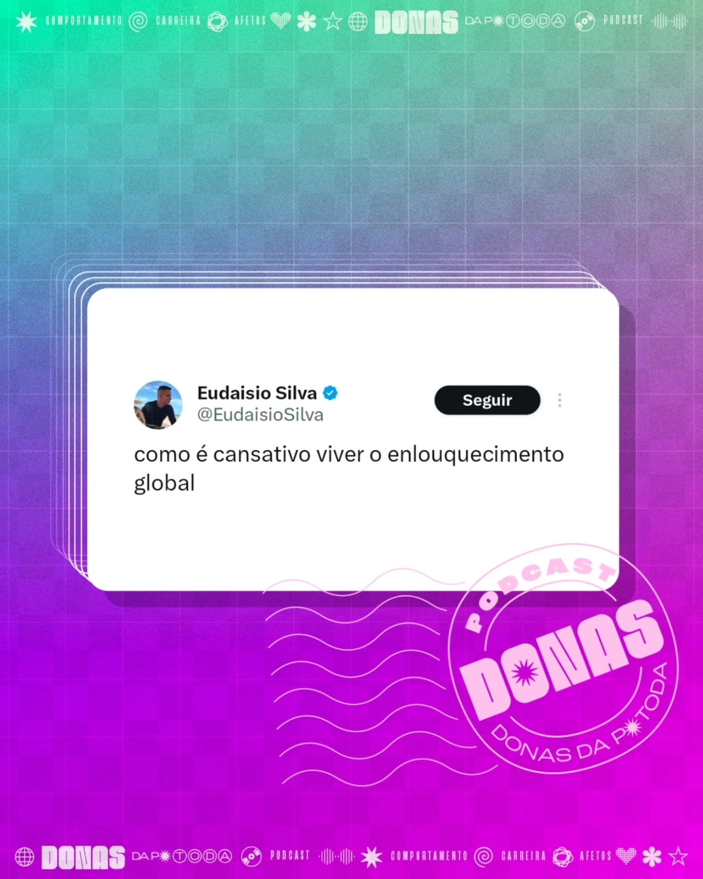 Segunda-feira, 2 de março de 2026. Prontas para mais uma semana e mais uma curadoria de tweets?
Nesta terça tem episódio novo no ar. Aproveita para seguir o Donas e avaliar com 5 estrelas no Spotify e na Apple Podcasts.
Contribua com a nossa campanha de financiamento coletivo em apoia.se/donasdaptoda e receba conteúdos exclusivos, brindes e muito mais
#donasdaptoda #podcasts #mulherespodcasters