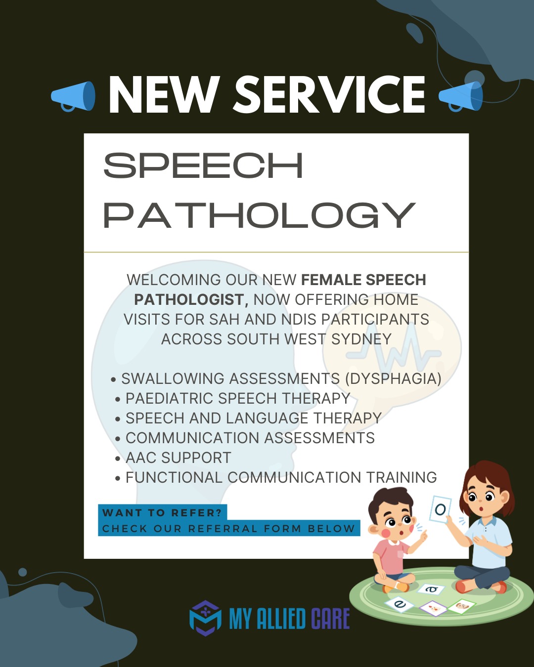 We’re excited to welcome our new Speech Pathologist to the My Allied Care team 🤍
Now providing home visits for SaH and NDIS participants across South West Sydney, supporting children, adults, and older Australians with their communication and swallowing needs.
Services include:
• Swallowing assessments (dysphagia)
• Paediatric speech therapy
• Speech & language therapy
• Communication assessments
• AAC support
• Functional communication training
➖
💻 𝐌𝐀𝐊𝐄 𝐀 𝐁𝐎𝐎𝐊𝐈𝐍𝐆/𝐑𝐄𝐅𝐄𝐑𝐑𝐀𝐋 ➡️ https://www.myalliedcare.com.au/referrals
📞 (02) 9199 5548
➖
#MyAlliedCare #SpeechPathology #NDIS #SupportAtHome #AlliedHealth