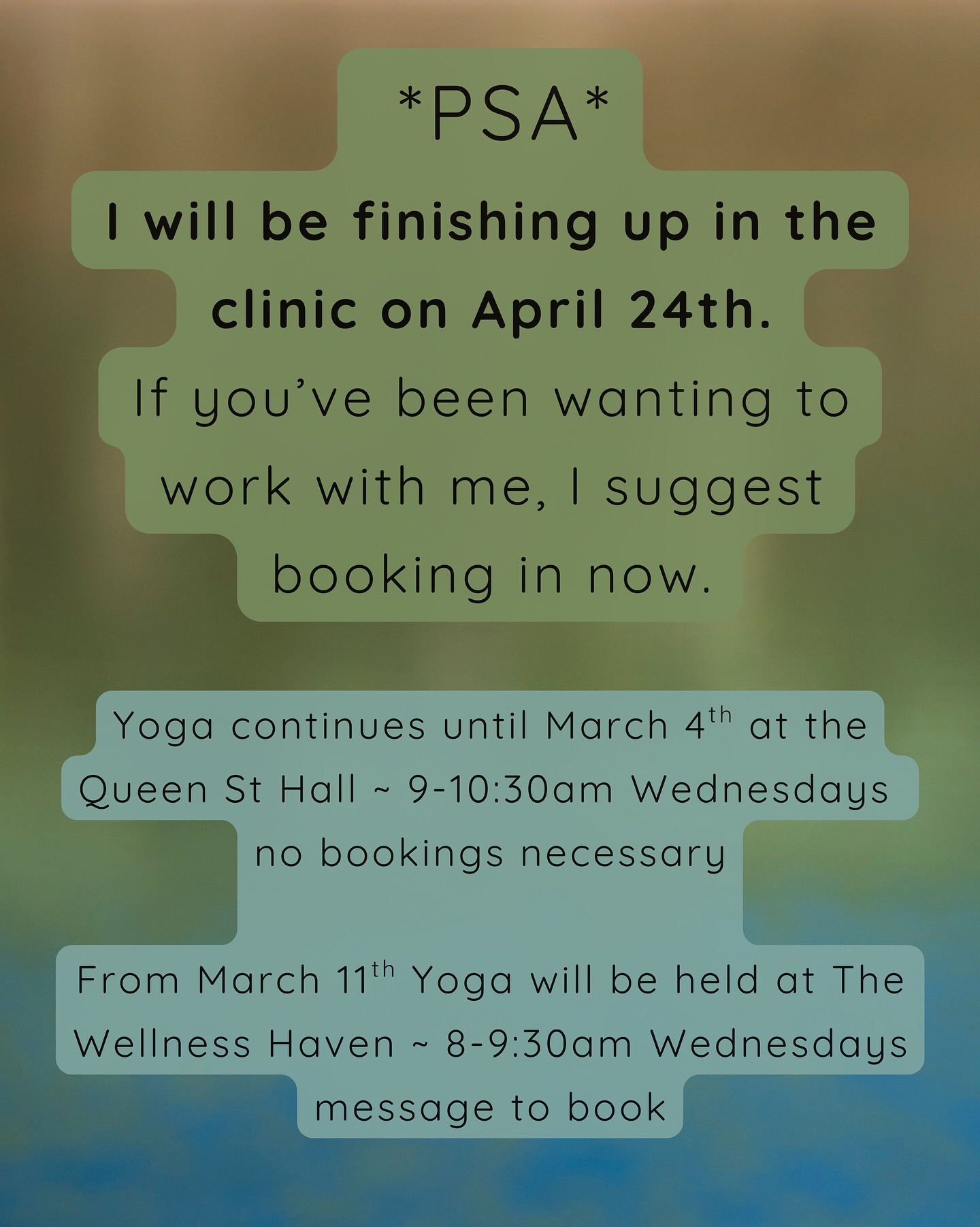 I’ve set the date for maternity leave! If you’ve been wanting to work with me, now is your chance. If you’re a regular, I suggest booking ahead if you can.
.
It’s already a process, preparing to let go of my business as I know it. I’ve given so much energy & love to this career, starting my acupuncture studies in 2018 & my business in 2022. It certainly won’t be the end, but it will transform, just as I will.
Second trimester has me feeling really creative & the task is to manage my energy without overcommitting. I’ve been brainstorming all these work ideas & am excited for what I will bring forward in the future.
.
For now yoga continues, until I’m no longer up for it. It’s been so lovely to grow a little community over the last 12 months & show up on a regular basis. Perhaps this will be the first part of my work I return to postpartum.
.
Compassionate inquiry sessions over zoom are continuing, I’ve blocked space for one per week & this may continue beyond April 24th.
.
Acupuncture home visits for Mumma’s preparing for birth may also be an option beyond April 24th, all things depending on how I’m feeling.
.
As always, so grateful to all of you who support me doing what I’m deeply passionate about. It hasn’t been easy, but oh so worth it!