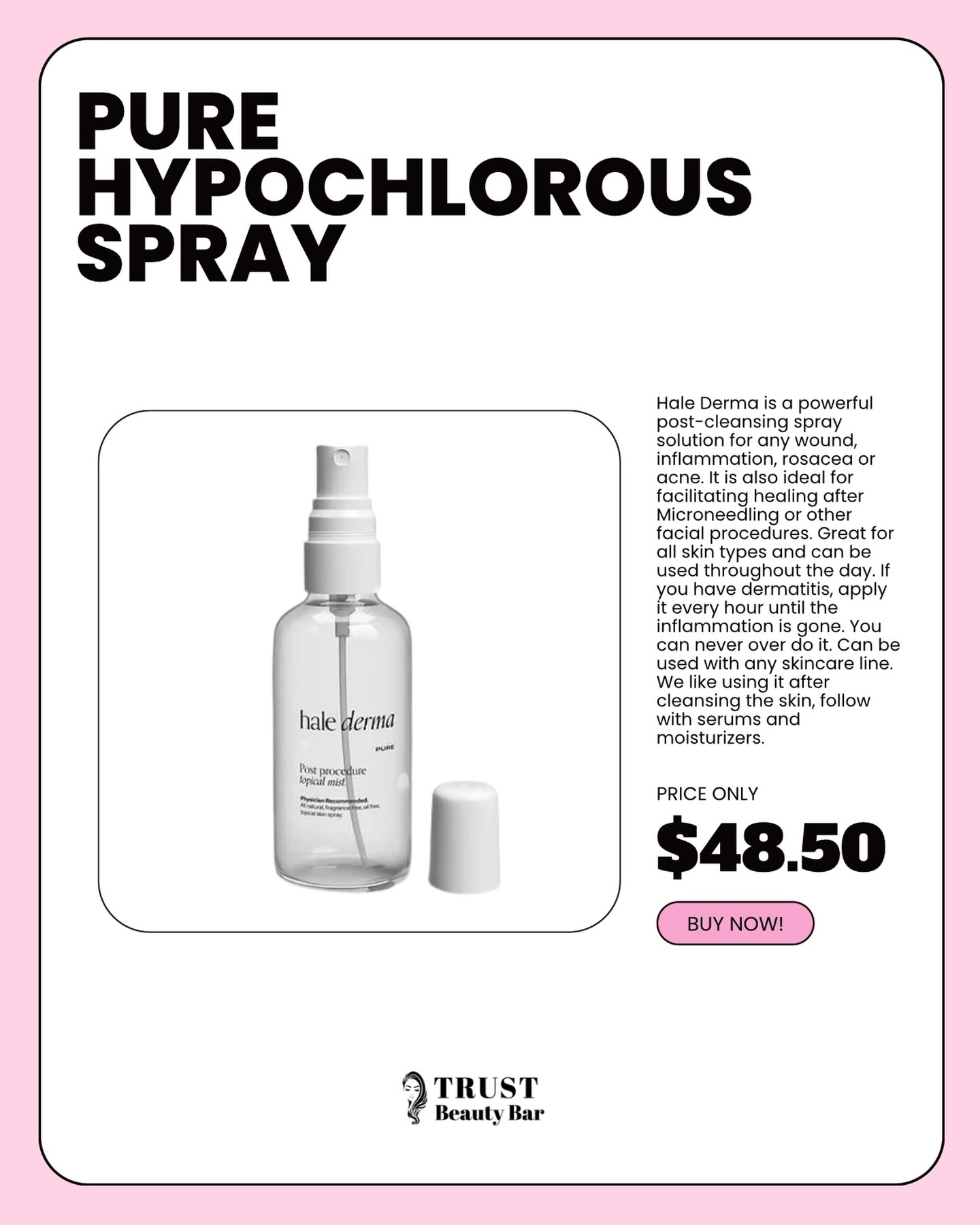 𝐏𝐔𝐑𝐄 𝐇𝐘𝐏𝐎𝐂𝐇𝐋𝐎𝐑𝐎𝐔𝐒 𝐒𝐏𝐑𝐀𝐘 🤍✨ @halederma
Not just a mist… this is clinical-level skin recovery.
At Trust Beauty Bar, we don’t guess with healing — we support it.
This pure hypochlorous spray is:
• 💧 Post-procedure essential (microneedling, laser, peels)
• 🔥 Calms inflammation + redness
• 🦠 Antimicrobial support for acne-prone skin
• 🌿 Safe for rosacea + dermatitis
• 🤍 Gentle enough for all skin types
If your skin is compromised, sensitized, breaking out, or healing — this is your first step after cleansing.
Pro Tip from us:
Spray → let dry → follow with corrective serums + barrier repair moisturizer.
You can reapply throughout the day. You truly cannot overdo it.
This is one of those quiet luxury essentials every skincare routine should have.
💰 $48.50
🛍 Available in clinic & DM to purchase
📍 Trust Beauty Bar
#TrustBeautyBar #PostProcedureCare #MedicalGradeSkincare #SkinHealing #RosaceaCare