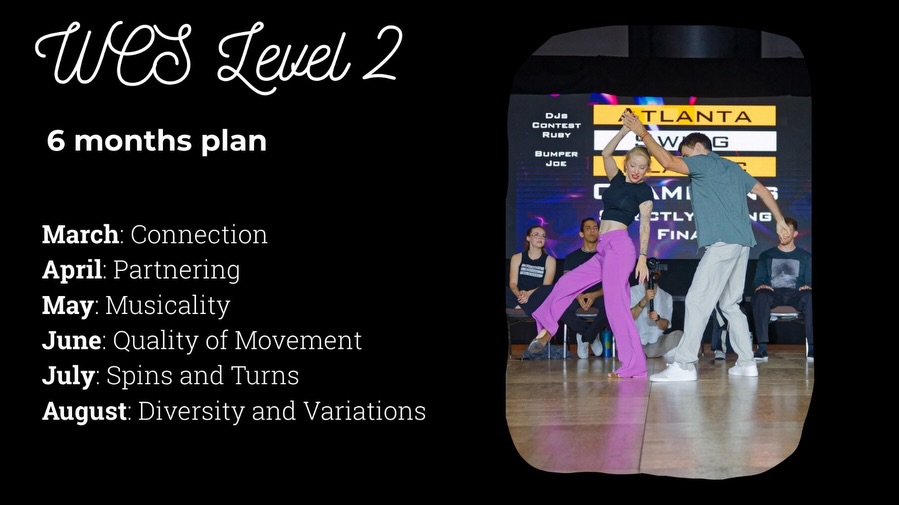 March training is here, and we’ve mapped out the next 6 months of Level 2 & Level 3 progression to help you build real confidence, control, and creativity in your dancing.
This month’s topic (March) kicks off the first phase of both tracks — and everything builds intentionally from here. We’ll be developing technique, connection, musical control, and advanced layering month by month so you’re not just collecting moves — you’re leveling up your dancing.
Level 2 and 3 are every Tuesday at 630pm and 730pm.
And don’t forget our weekly free intro class Tuesdays at 630pm!