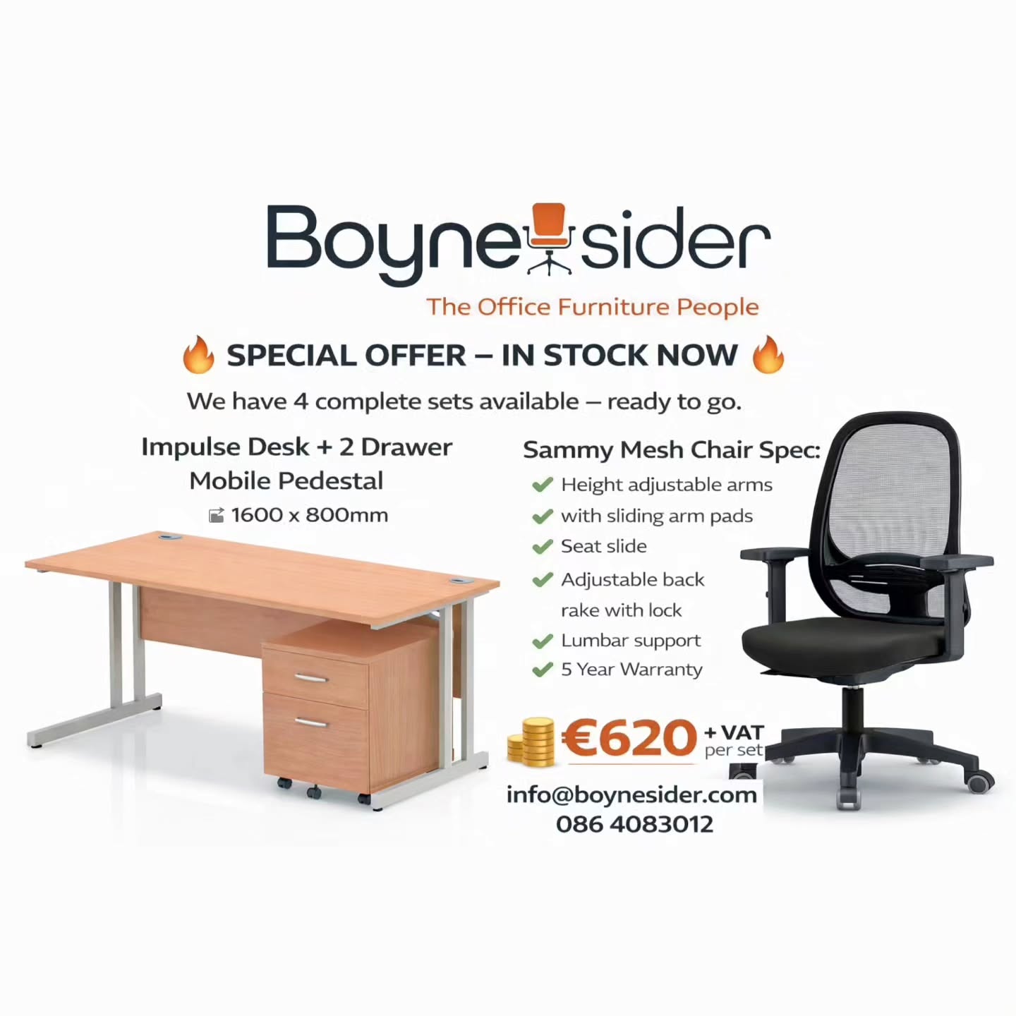 🔥 SPECIAL OFFER – IN STOCK NOW 🔥
We’ve got 4 complete office sets ready to go — and when they’re gone, they’re gone.
✔️ 1600 x 800mm Impulse Desk
✔️ 2 Drawer Mobile Pedestal
✔️ Sammy Mesh Ergonomic Chair
– Height adjustable arms (with sliding arm pads)
– Seat slide
– Adjustable back rake with lock
– Built-in lumbar support
– 5 Year Warranty
All for €620 + VAT per set.
This is serious value for anyone kitting out a home office, upgrading a workspace, or setting up a new team. Professional look. Proper ergonomic support. No waiting around.
📩 DM us or email info@boynesider.com
📞 086 4083012
#OfficeFurnitureIreland #ErgonomicOffice #HomeOfficeSetup #OfficeDeals #Boynesider