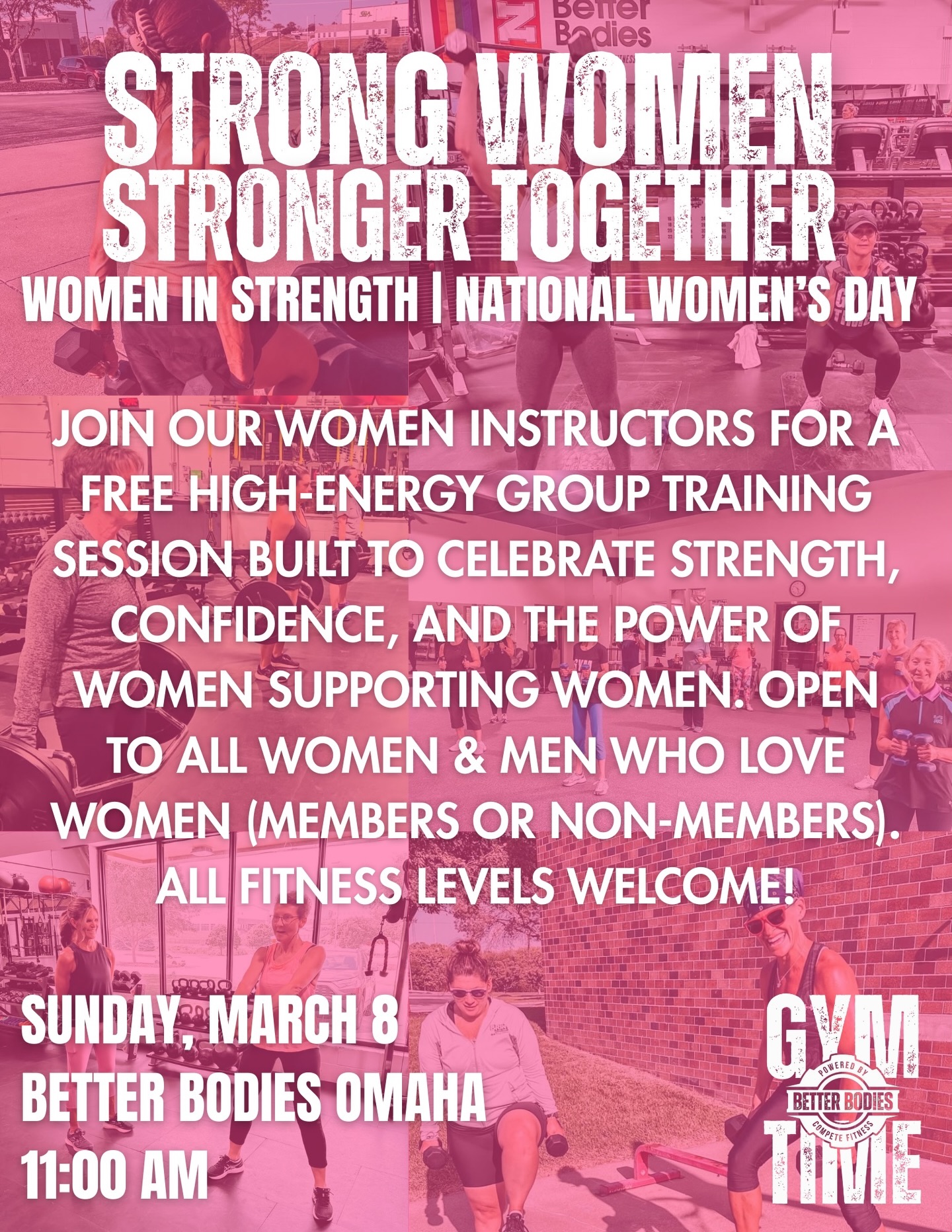 Strong women. Stronger together. 💪💗
Join us Sunday, March 8 at 11:00 AM for a FREE high-energy group training session led by our amazing women instructors in honor of National Women’s Day.
This workout is built to celebrate strength, confidence, and the power of women supporting women — and it’s open to everyone. Members, non-members, women, and men who love and support the strong women in their lives! 😁
All fitness levels welcome. Come lift, sweat, and celebrate with us. Sign up on the app or stop by the front desk to learn more.
Tag your workout bestie below and we’ll see you Sunday! 👏
#betterbodiesomaha #omahagyms #gymtime #fitnesscommunity #nationalwomensday
