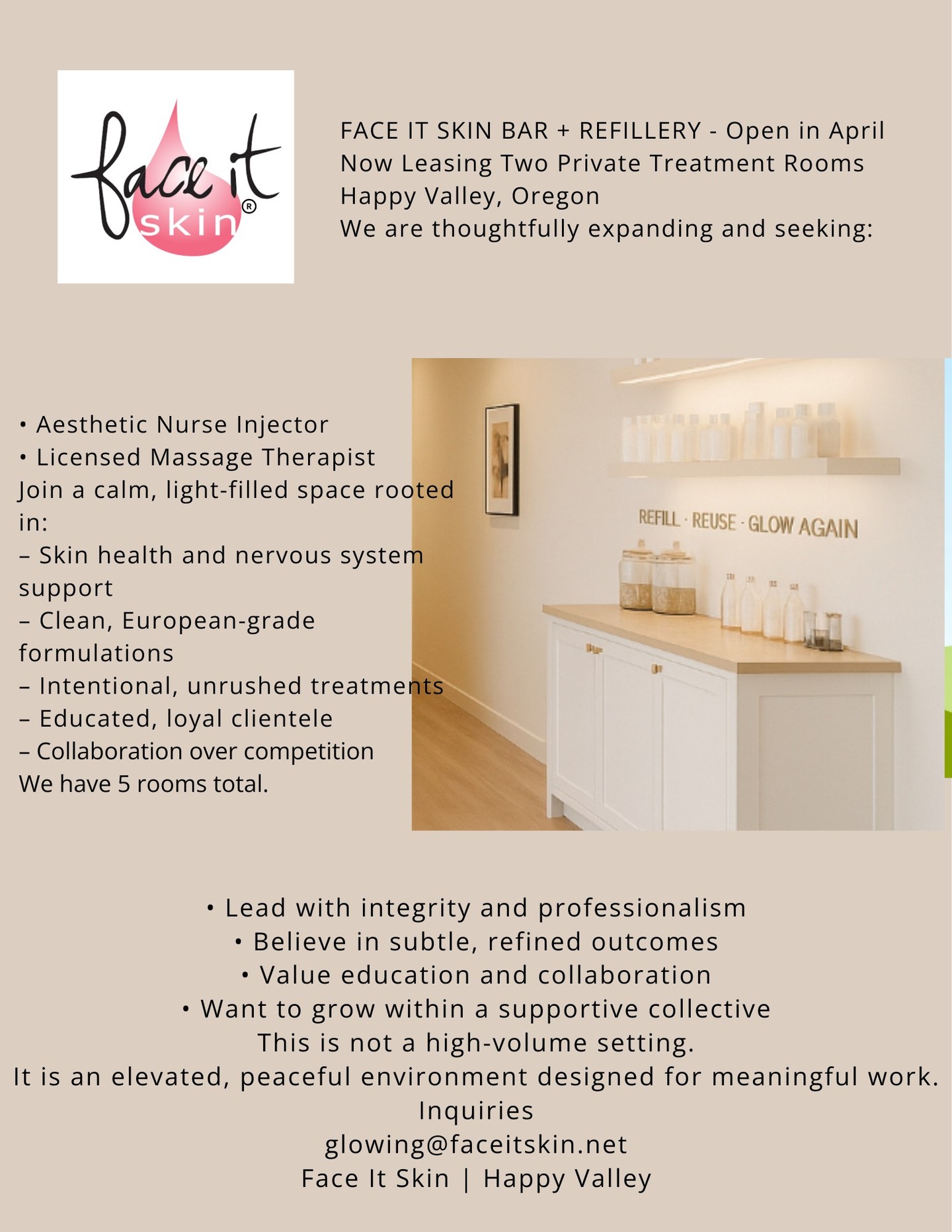 We’re in final conversations.
This week and next, we’re meeting with:
• Experienced RNs (full-time)
• Massage Therapists (part-time or full-time)
• Acupuncturists
• Dietitians
• Other aligned wellness professionals
We have just a few private treatment rooms remaining inside **Face It Skin Bar + Refillery** in Happy Valley.
Our space is for professionals who take their craft seriously, value elevated surroundings, and want to be part of a collaborative wellness collective — not a crowded suite situation. Our space will attract makeup & skincare shoppers wanting better!
If you’re licensed, established, and ready to grow inside a clean beauty, skin-focused environment rooted in real results and community — let’s talk.
DM to schedule a walkthrough (while it's being renovated to secure your space) or text 503-706-9679.
Emily Conner Danielle Welsh #FaceItSkin #massagetherapy #nurse #botox #happyvalleyoregon