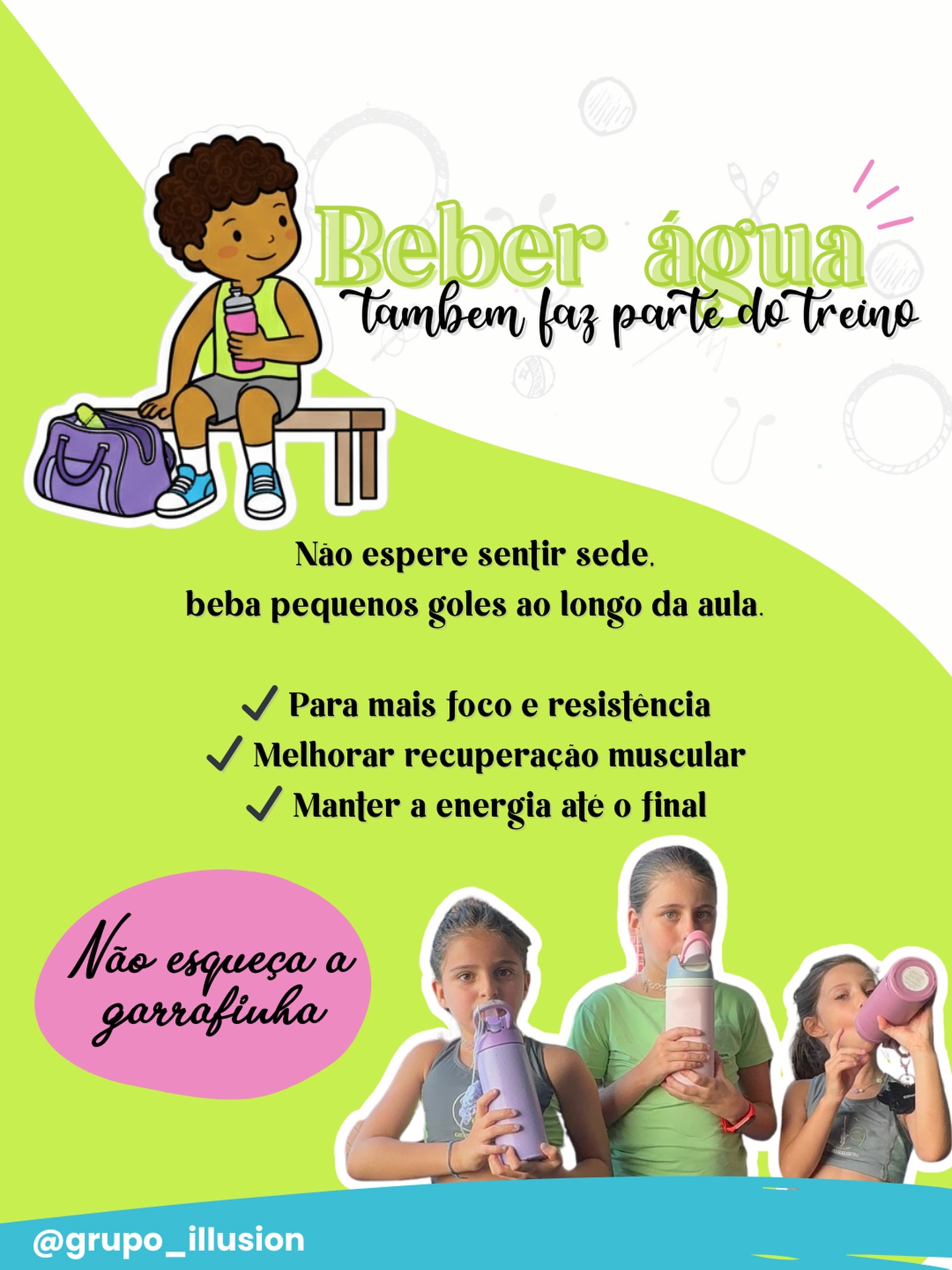 Treinar técnica, força e flexibilidade é essencial.
Mas sem hidratação o corpo não responde da mesma forma.
Durante as aulas de ginástica rítmica, a perda de líquido é constante, mesmo quando não percebemos.
Esperar a sede chegar já é sinal de atraso.
Manter a hidratação ao longo do treino:
💧 preserva o rendimento
💧 mantém a concentração
💧 reduz risco de lesão
💧 ajuda na recuperação muscular
Pequenos hábitos constroem grandes resultados.
Aqui no Grupo Illusion, cuidar do corpo faz parte da preparação para evoluir com segurança e excelência. ✨