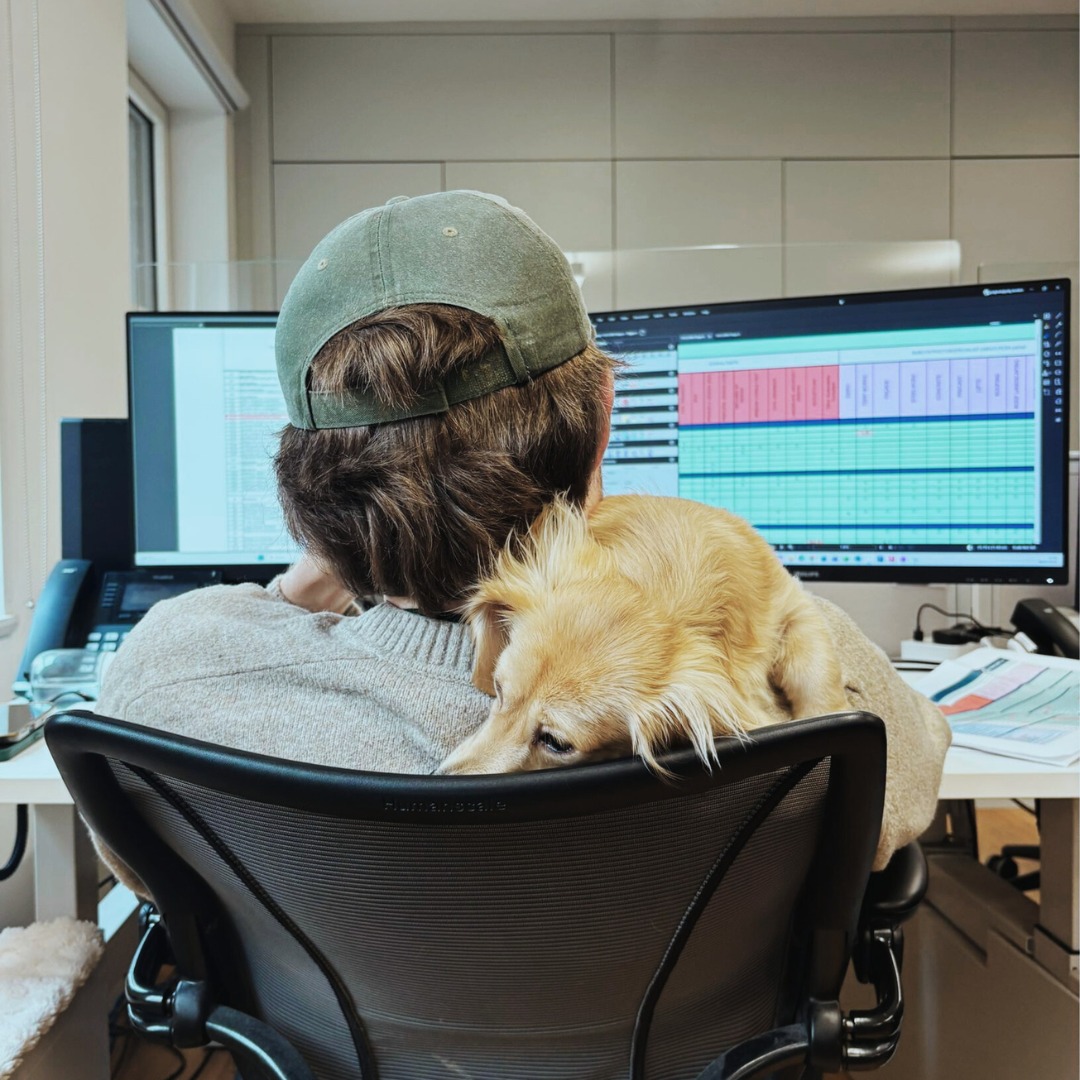 Last Friday of February calls for spreadsheets… and a little pup-port 🐾
.
.
#PupPort
#OfficeDogs
#FridayVibes
#TeamMorale
#WorkWithDogs
