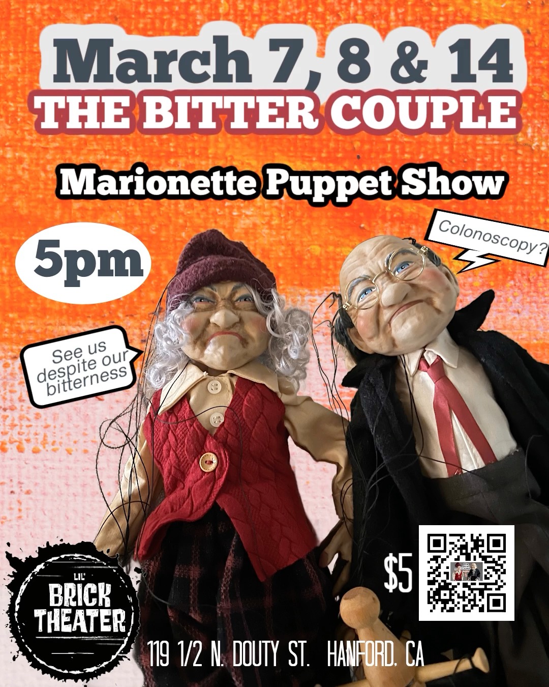 March 7, 8 and 14 at 5pm a marionette puppet show. $5 ADMISSION. ONLY IN HANFORD.
Get tickets at https://www.HanfordMTC.com
#puppetshow #puppets #hanfordca #mainstreetHanford #theater #family