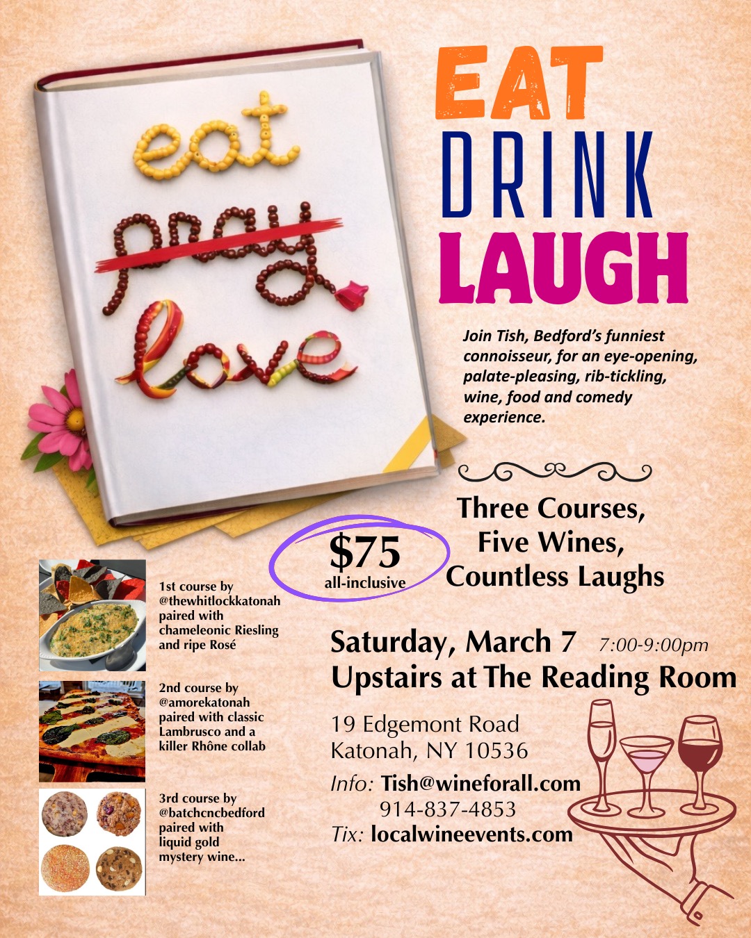 And just like that: Friday is sold out and a handful of tix remain for Saturday's EAT DRINK LAUGH at @katonahreadingroom. Teaming up with @thewhitlockkatonah, @amorekatonah and @batchcncbedford for the food, and @katonahwineandliquor of course for the #wine. And here's a not-so-secret: I have puh-lenty of new material since I am turning {gulp} 65 on March 5th! Join the fun! Tickets at @localwineevents
