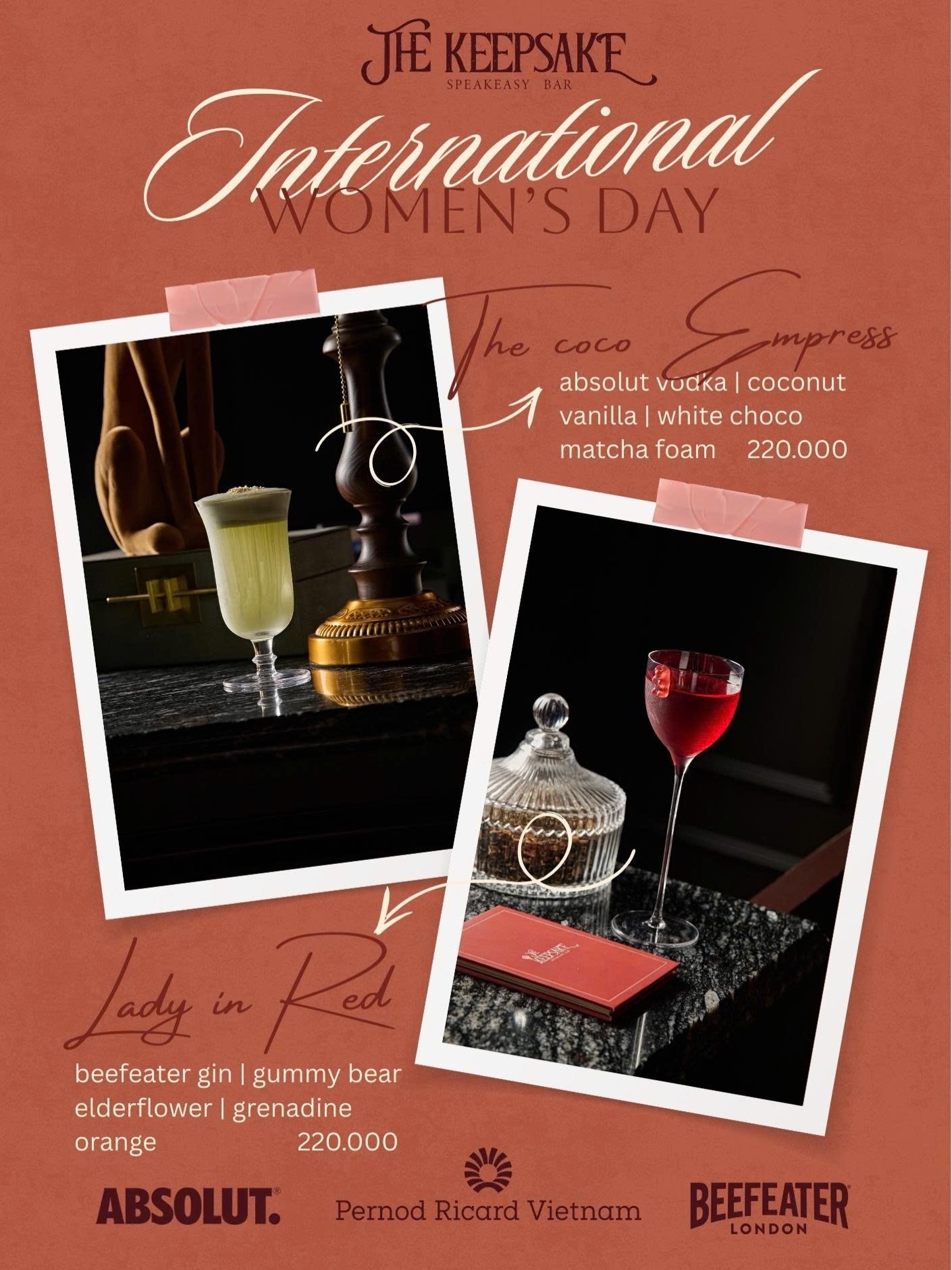 Hereโs to the women who raise the bar (no pun intended), break the rules, and never water down their dreams. ๐
This International Womenโs Day, weโre shaking, stirring, and pouring with her in mind.
โจ Tonightโs specials โจ
โข Lady in Red โ a vibrant, fruity burst of ruby-red deliciousness
โข The Coco Empress โ a silky coconut creation, rich, regal, and unforgettable
๐๏ธ From March 6 - March 8 ONLY
Bring your girls, your mentors, your muses, and the women who inspire you every day.
Letโs raise a glass to women everywhere. ๐ฅ
____________
๐๐ก๐ ๐๐๐๐ฉ๐ฌ๐๐ค๐ ๐๐ฉ๐๐๐ค๐๐๐ฌ๐ฒ ๐๐๐ซ
๐ TUE - SUN
๐ฐ๏ธ 17:30 Till 1:30
โ๏ธ 0 868 569 353
#InternationalWomensDay #pernodricardvietnam #WomenWhoInspire #thekeepsakebar #danang