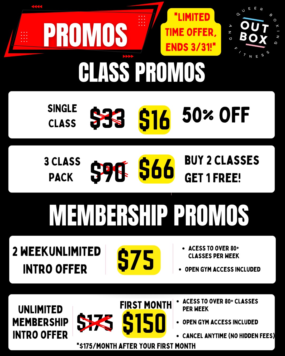 Check out all our opening promos- we are currently running discounts on class packs, memberships, and now personal training!
Not interested in taking classes? Come for open gym. Workout on your own and use any of our cardio and strength machines, free weights, barbells, boxing equipment, and more. Open Gym is available during all operating business hours.
Our unlimited 2 Week and all Monthly Memberships include open gym access.
Personal Training is here!
🥊 Boxing lessons
💪Strength, Conditioning, and overall fitness
🏳️⚧️🏳️🌈 Queer/Trans affirming training
*offer ends 3/31!