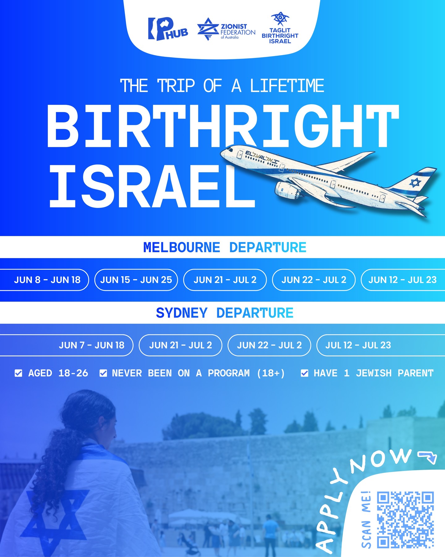 Birthright Israel 2026 🇮🇱✈️
The trip of a lifetime.
Melbourne & Sydney departures.
Aged 18–26? This is your sign.
Apply now 💙