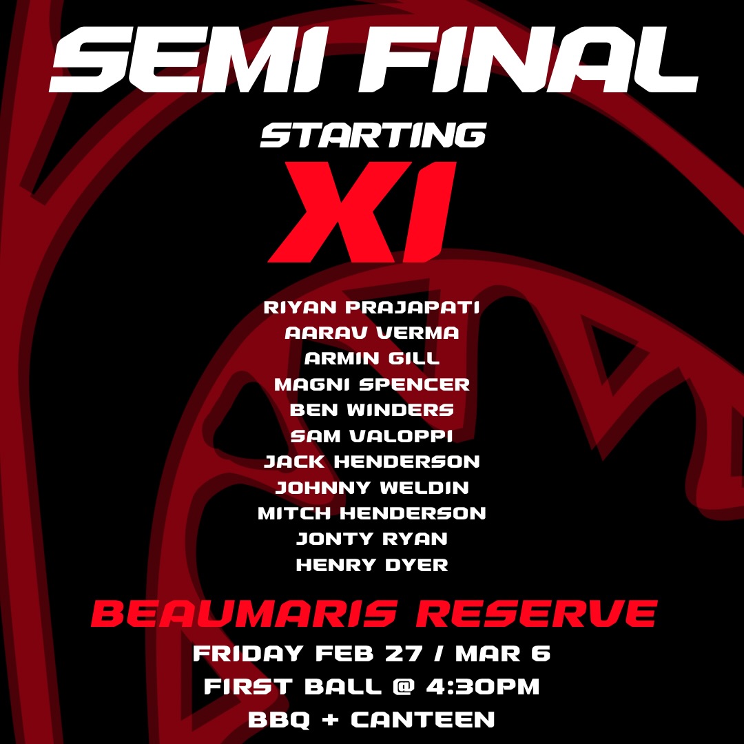 Flag Sharks?
Our U16A boys finished 2nd on the ladder and now face Le Page in a huge Semi Final clash at Beaumaris Reserve. First ball at 4:30pm tonight!
BBQ, canteen and bar running. Let’s get around the boys 🦈