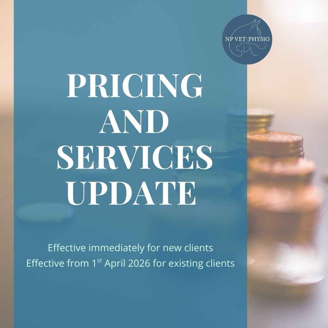 🔔 Price increase 🔔
There will be a small price increase of £5 on all services provided by NP Vet Physio. This is effective immediately for any new clients and from 1st April 2026 for any existing clients.
This is the first time prices have increased for canine services since NP Vet Physio began and in 2.5 years for equine services. This increase reflects rising costs to the business and has been postponed for as long as possible to try to keep costs down for clients.
More details of current prices and services can be found online at: www.npvetphysio.co.uk
As always thank you to all my lovely clients for your support 🫶🏼