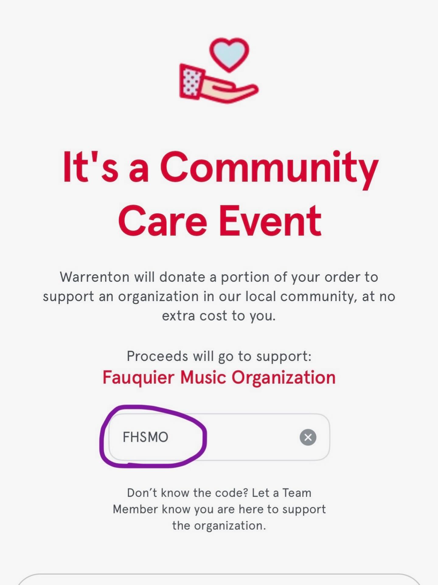 Dine at CFA today and a portion of the proceeds go to Fauquier Music Organization! Make sure to use the code above at checkout.