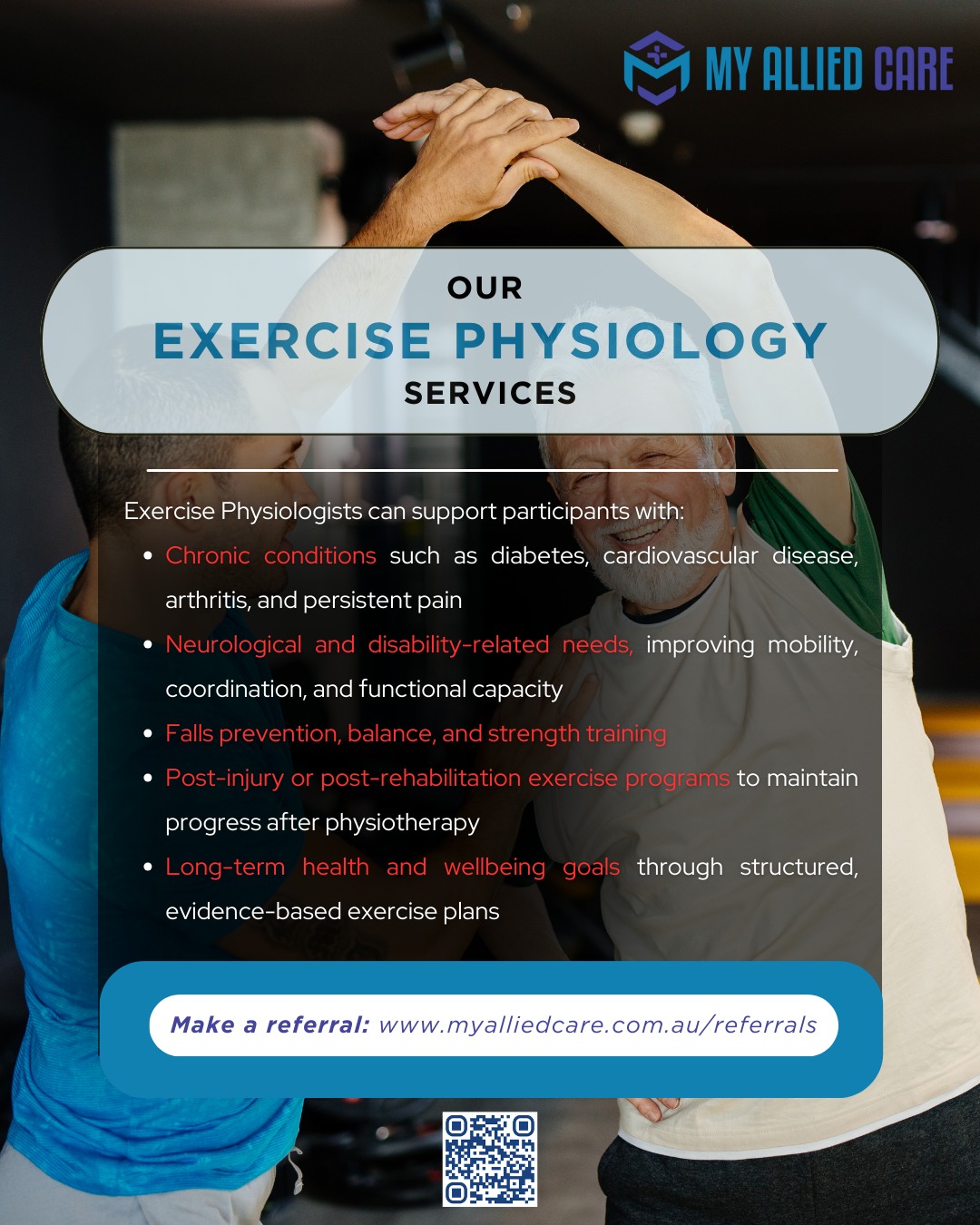 Our Exercise Physiologists currently have capacity to take on new clients ๐ช
EPs specialise in exercise-based therapy for chronic conditions, injuries, disabilities, and long-term health management. They work with participants to improve strength, mobility, balance, and overall function, helping people live more independently and reach their goals.
Exercise Physiology can support with:
โ๏ธ Chronic pain & health conditions
โ๏ธ Neurological conditions
โ๏ธ Strength & balance training
โ๏ธ Falls prevention
โ๏ธ Long-term injury management
If youโre a Support Coordinator, Plan Manager, or Case Manager looking for EP support for your participants, weโd love to help.
โ
๐ป ๐๐๐๐ ๐ ๐๐๐๐๐๐๐/๐๐๐
๐๐๐๐๐ โก๏ธ https://www.myalliedcare.com.au/referrals
๐ (02) 9199 5548
โ
#NDIS #ExercisePhysiology #AlliedHealth #SupportatHome #DisabilitySupport #NDISProviders