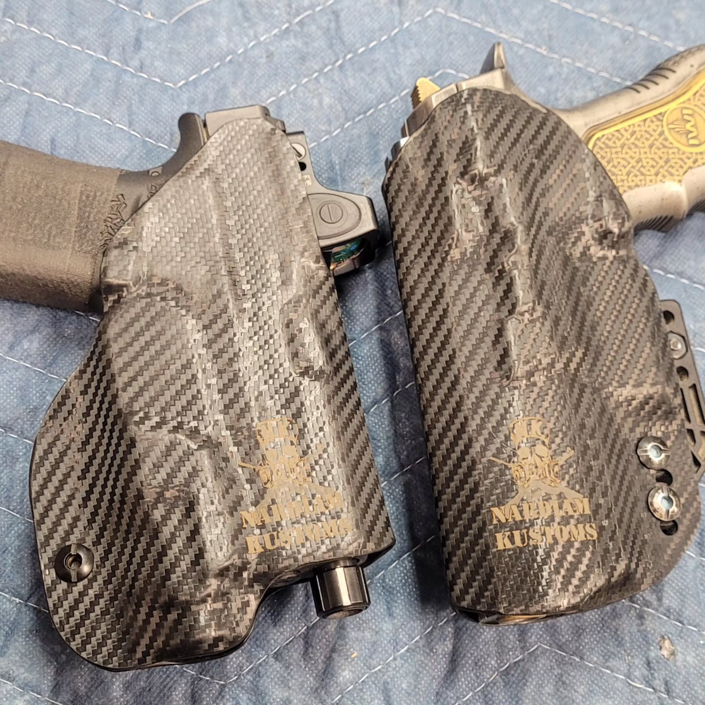 One massive bonus to expanding our shop has been setting up a work space dedicated to building our Kydex holsters. Here's the first two to break in the setup and to try out some tool upgrades.