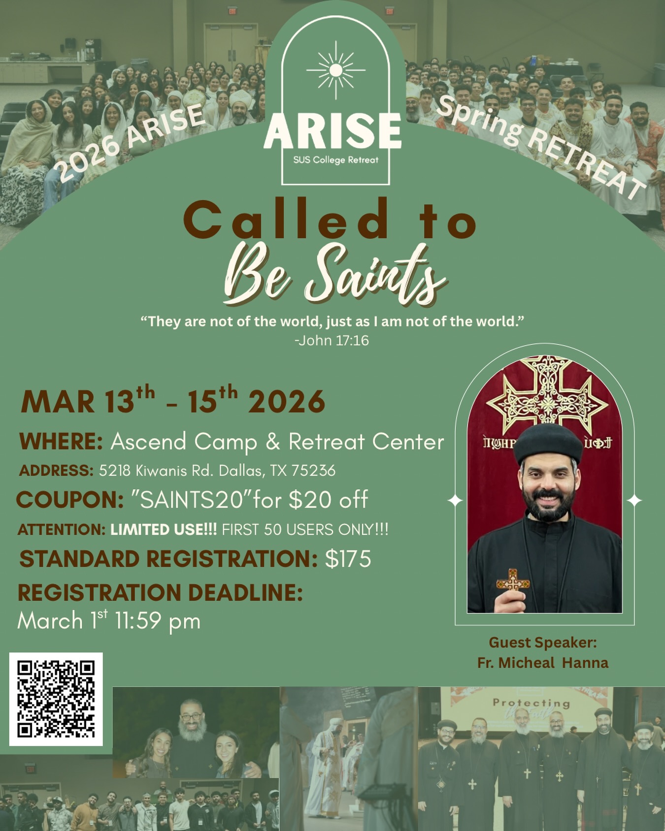 Hello TX OCCM! Blessed Great Lent to you all ๐๐ผ
There is only *20 more spots left* for the TX ARISE Spring College Retreat!!
Sign up today!
May God bless this service ๐๐ผ