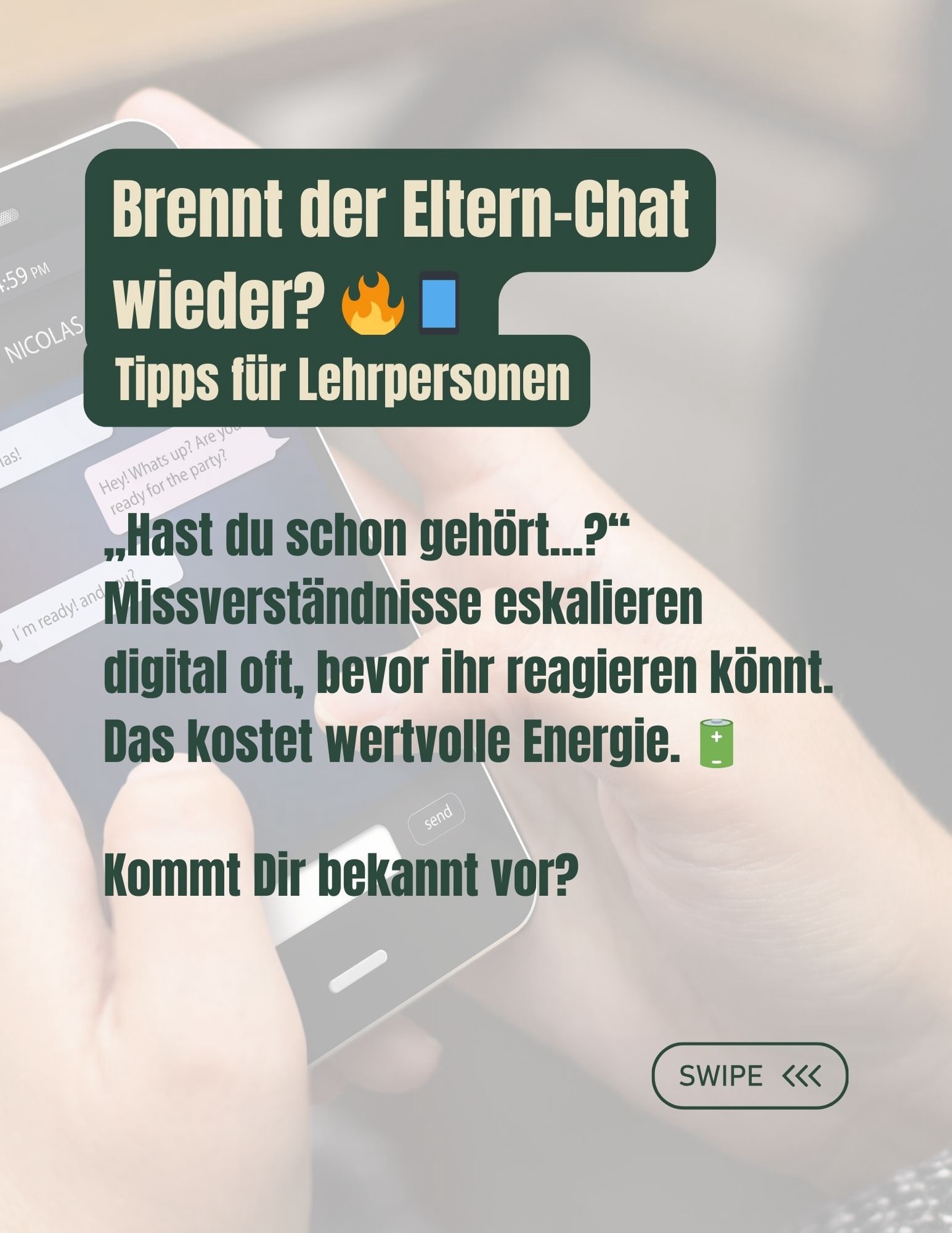 🔥 Brennt’s mal wieder im Eltern-Chat?
Du bist nicht allein – und es gibt Wege, ruhig zu bleiben, auch wenn die Stimmung kippt.
In meinem neuen Beitrag teile ich Tipps, wie Lehrpersonen souverän durch Chat-Gewitter navigieren – ohne Energie zu verlieren. 💬☕️
💡 Willst du meinen kostenlosen PDF-Guide „Souverän bleiben im Chat-Gewitter. Ein Anti-Eskalationsguide für Lehrpersonen“?
Schreib mir einfach „Profi“ per DM. 📩
#lehrperson #schulepfäffikonzh #lehrer
