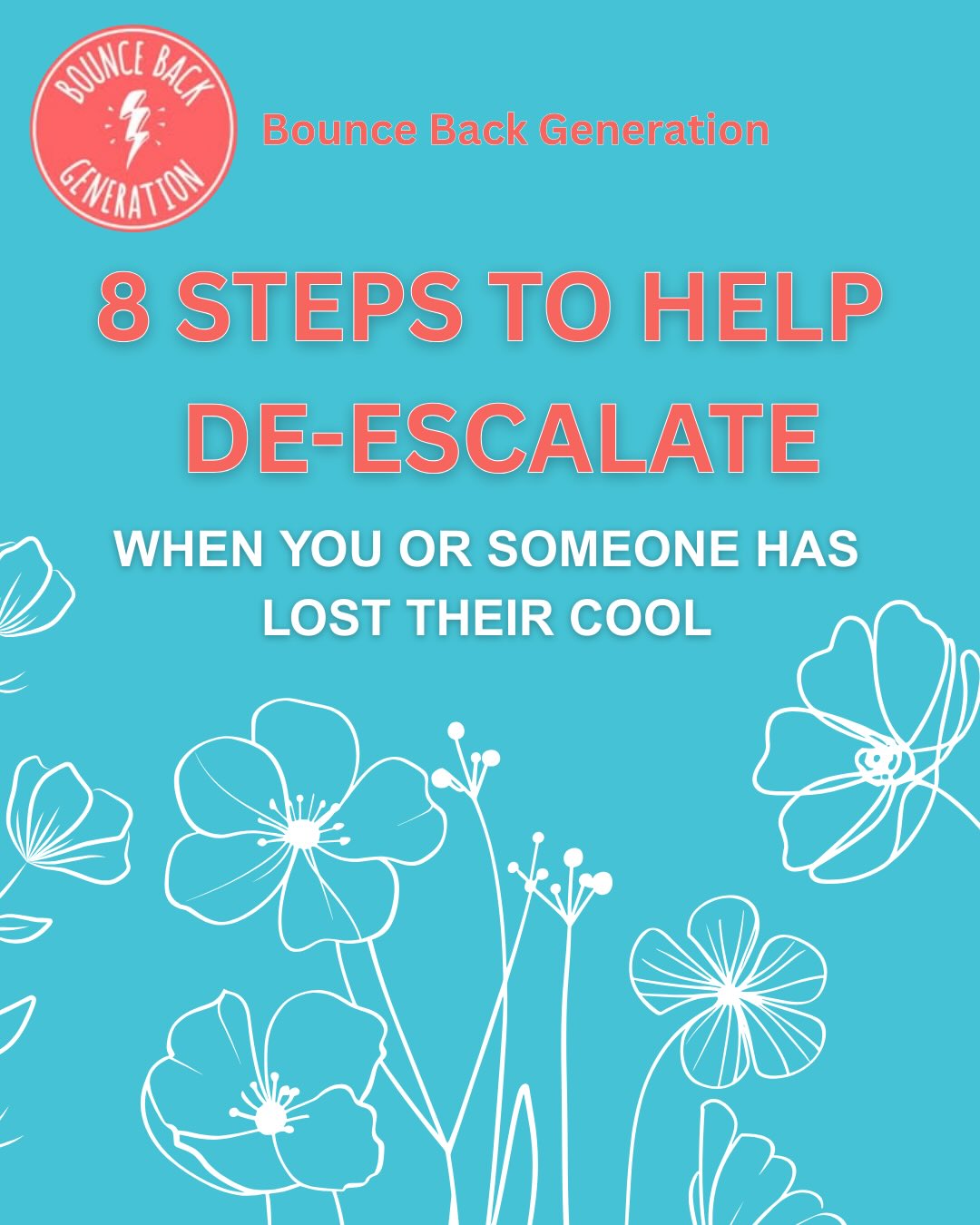 What do you do when someone feels like they’re out of control?
Parents and Teachers - Kids need to learn how to de-escalate themselves. Your role is to model how to do it.
How would you help
At home?
In class?
On the street?
There are 8 steps you can take to help regulate a person whose nervous system is out of whack.
Your safety comes first. Your calm demeanor is one of your first tools.
Learn the steps here.
From Bounce Back Generation’s book titled HOW TO GET CALM BEFORE YOU LOSE YOUR COOL: A Nervous System Guide for Parents, Educators, and Kids.
*created by BBG’s content creator interns*