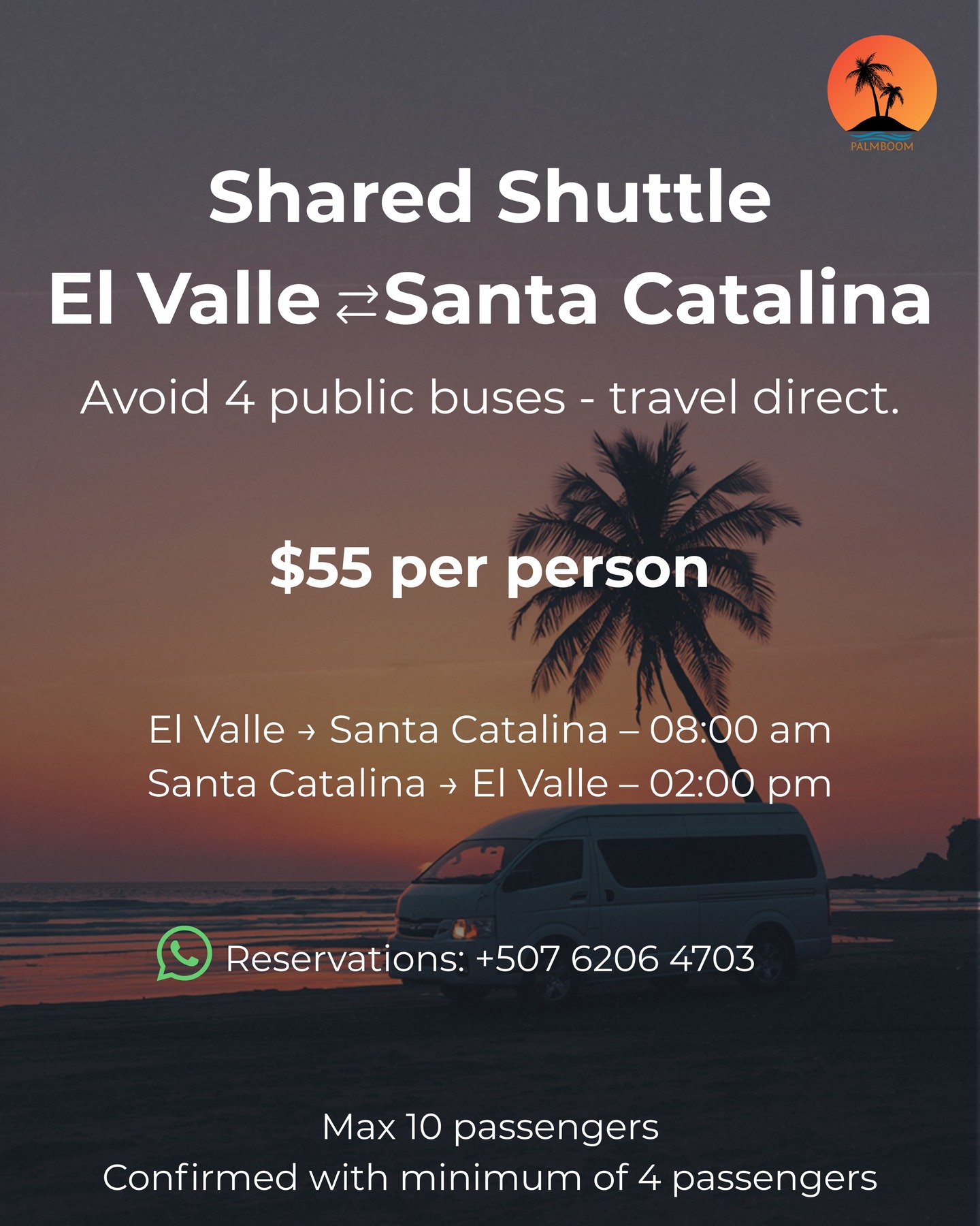 Traveling between El Valle de Antón and Santa Catalina? Skip the hassle of 4 public buses and multiple transfers with your luggage.
Our shared shuttle offers a comfortable and direct way to travel between these two amazing destinations in Panama.
🕗 Departure times
El Valle → Santa Catalina: 8:00 AM
Santa Catalina → El Valle: 2:00 PM
💰 $55 per person
🚐 Max 10 passengers
👥 Minimum 4 passengers required
Travel time is around 5–5.5 hours, including a stop for food or drinks.
Perfect for travelers heading to Santa Catalina for surfing or diving at Coiba National Park, or continuing to explore El Valle de Antón.
📲 Reserve your seat on WhatsApp: +507 6206 4703
#panamatravel
#santacatalina
#elvalledeanton
#panamatransport
#coibanationalpark
#visitpanama