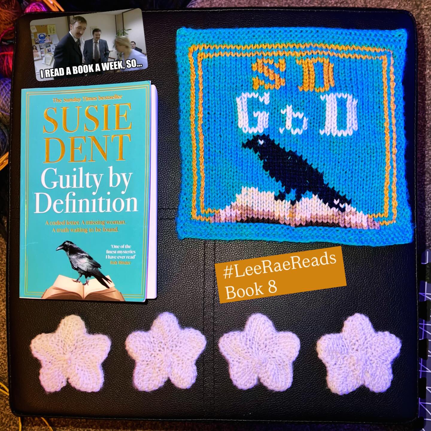 📕 BOOK 8 - Guilty by Definition by Susie Dent
📖Look, I love a bit of linguistics, but a novel that promises to be largely etymology trivia doesn’t exactly fill you with confidence that there’ll also be a captivating narrative. Thankfully, how wrong I was. All things considered, it shouldn’t be too surprising that Susie Dent clearly has a creative grasp of language that extends beyond the theoretical. I’m looking forward to the sequel!
4 stars. ⭐️ ⭐️ ⭐️ ⭐️
🧶 Knitting Notes: Duplicate stitch details on a 39x50 stockinette square with 4-row/3-stitch garter border.
PS I swear the square is green in the right light! Swipe to see how much lighting can affect your photos.
#LeeRaeReads #52Books1Year #biblioblanket #books #bookstagrammer @lee_raerae