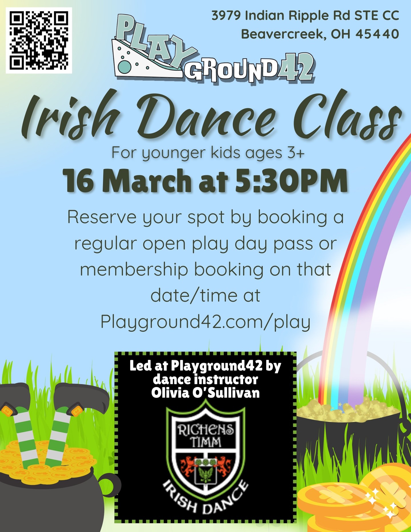 Have I said enough times yet how amazing our community is?? We have a fun class coming up this month being led by a Richens Timm Irish Dance instructor and one of Playground42's members that has been with us literally since the beginning, Olivia O'Sullivan!
Join us March 16th at 5:30PM and let's dance a little jig together! Secure your reservation by booking an open play with us on that day/time; there's no extra charge!
She'll bring along some special items as well for the kids to try on! And flyers and information on Richens Timm if you love it and want to know more!
We hope to see you there!
IG: @richenstimm
W: http://richenstimm.com/