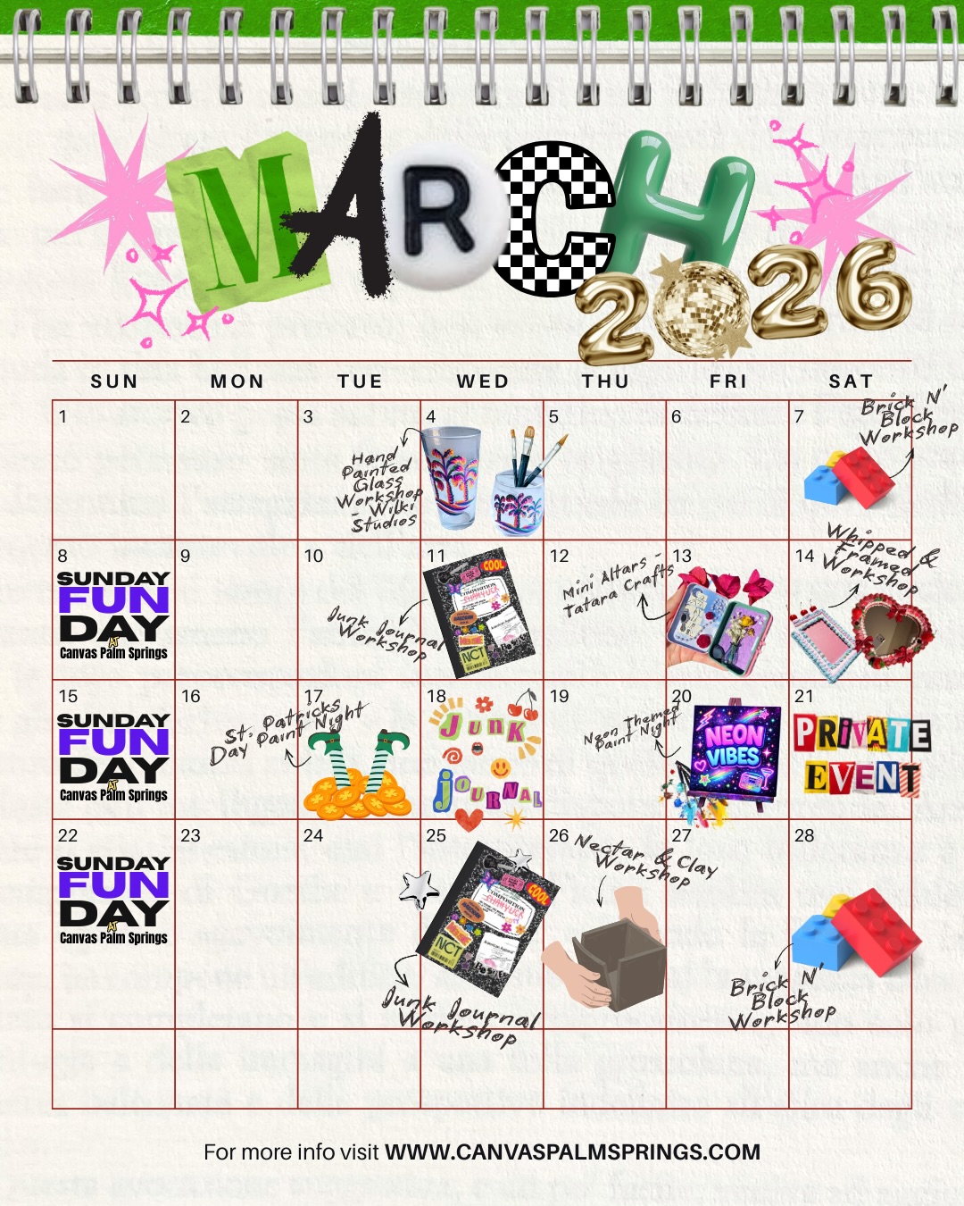 March is full of creativity at @thecanvas.ps 🥹
This month’s calendar is packed with workshops, collaborations, and signature Itslunavisuals/Canvas Palm Springs experiences happening all throughout the space.
Upcoming Events:
✨ Junk Journaling Workshop - Every Wednesday
✨ Whipped & Framed Workshop - March 14th, 2026
✨ The Glow Up Neon Themed Paint Night - March 20th, 2026
✨ Sunday Funday at Canvas Palm Springs - Every Sunday
✨ Brick N’ Block Building Workshop - Every Saturday
Along with these, we’re also hosting other creative workshops and guest experiences throughout the month, bringing even more variety to the studio.
Whether you’re coming with friends or showing up solo, there’s something on the calendar for everyone.
✨ Create something new
✨ Meet new people
✨ Tap into your creativity
🎟 Limited seating for most workshops
🔗 Reserve your spot at
Www.itslunavisuals.com or www.canvaspalmsprings.com